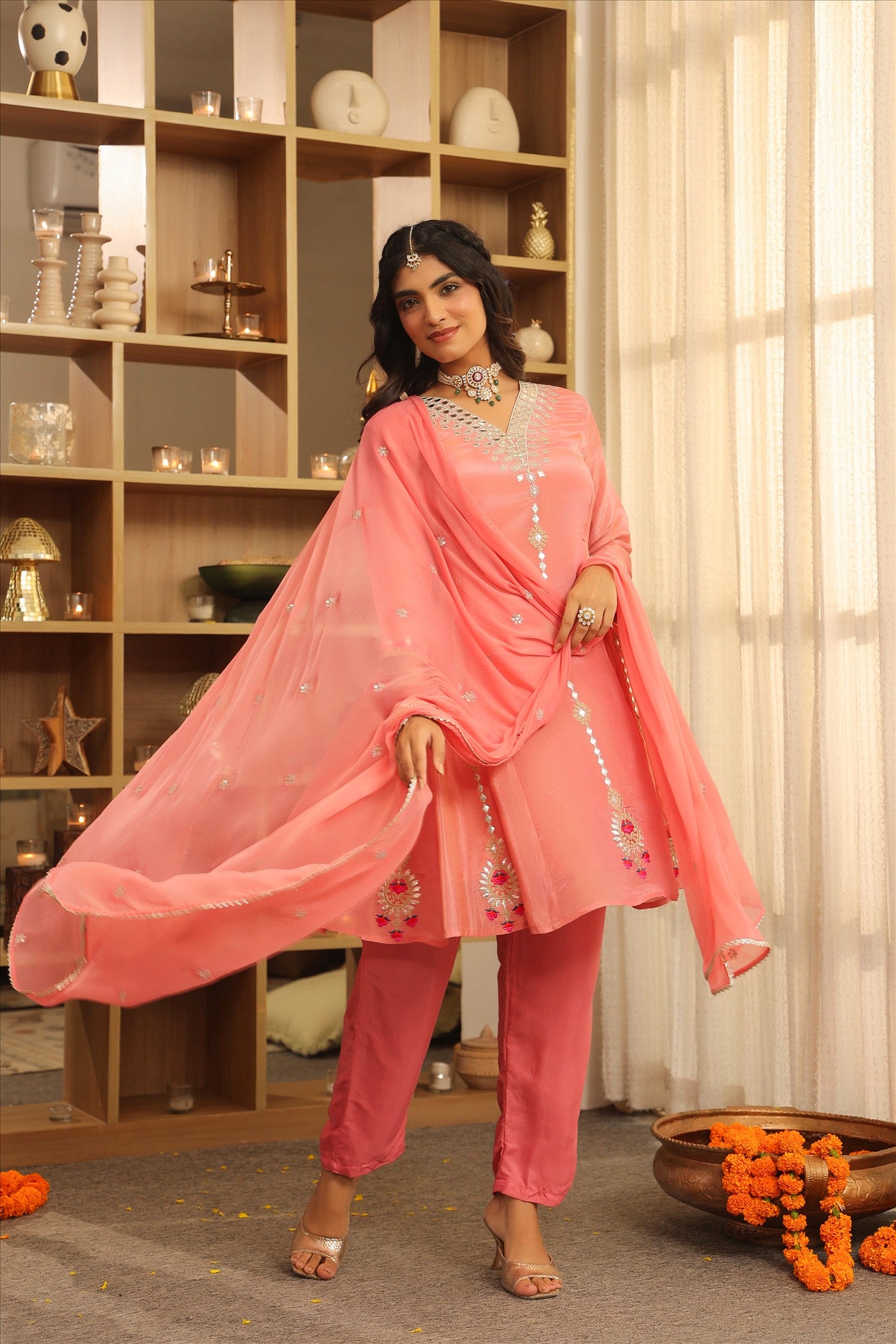 Rose Pink Shimmer Tissue Embroidered Anarkali Set