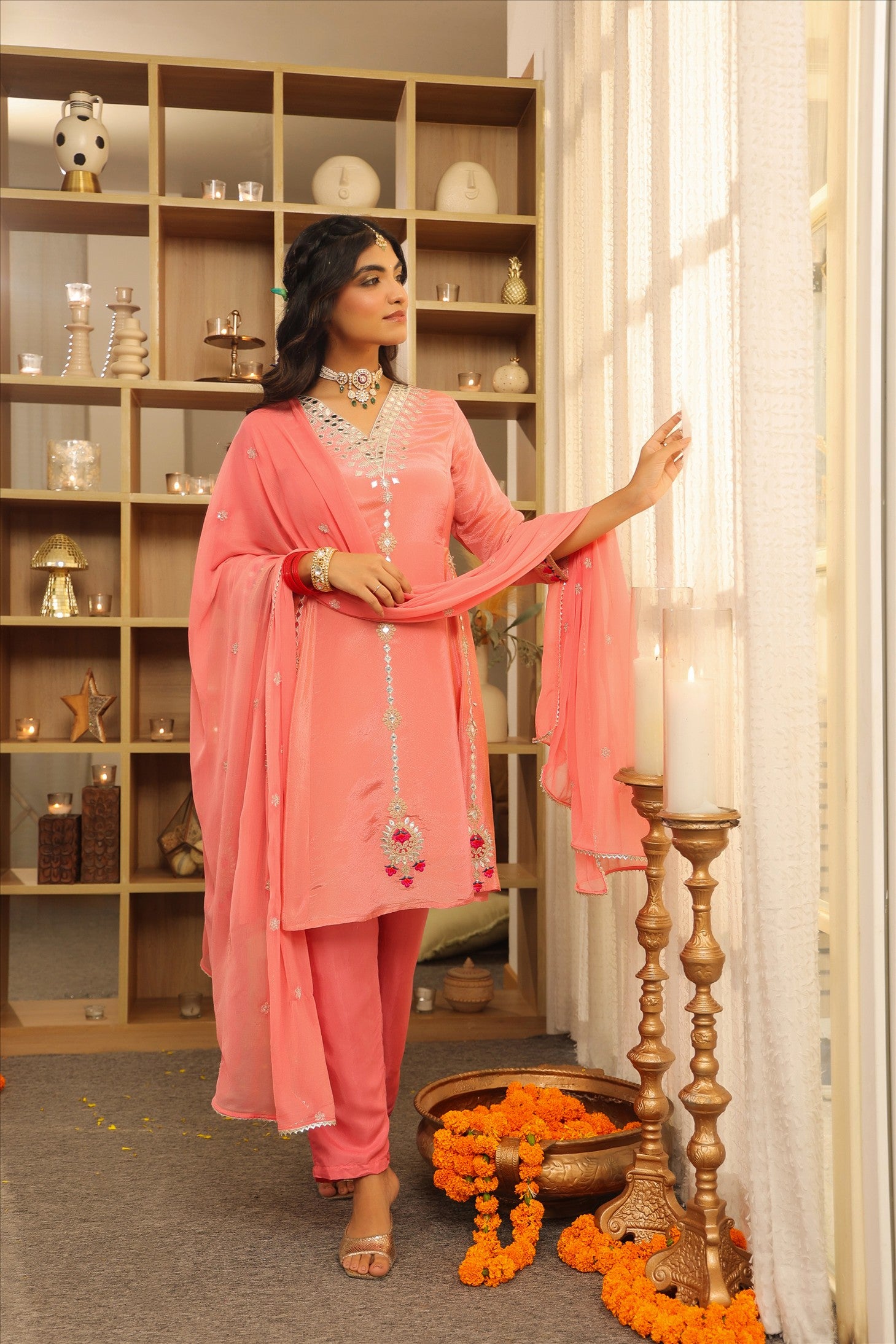 Rose Pink Shimmer Tissue Embroidered Anarkali Set