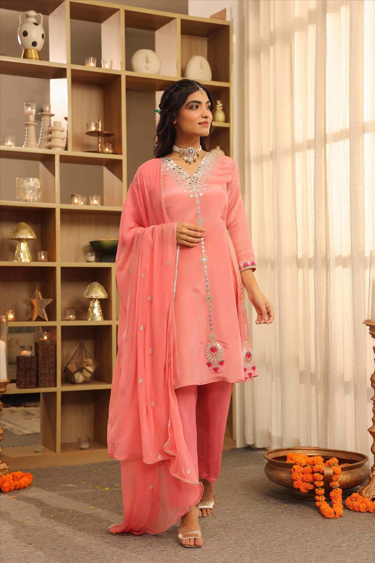 Rose Pink Shimmer Tissue Embroidered Anarkali Set
