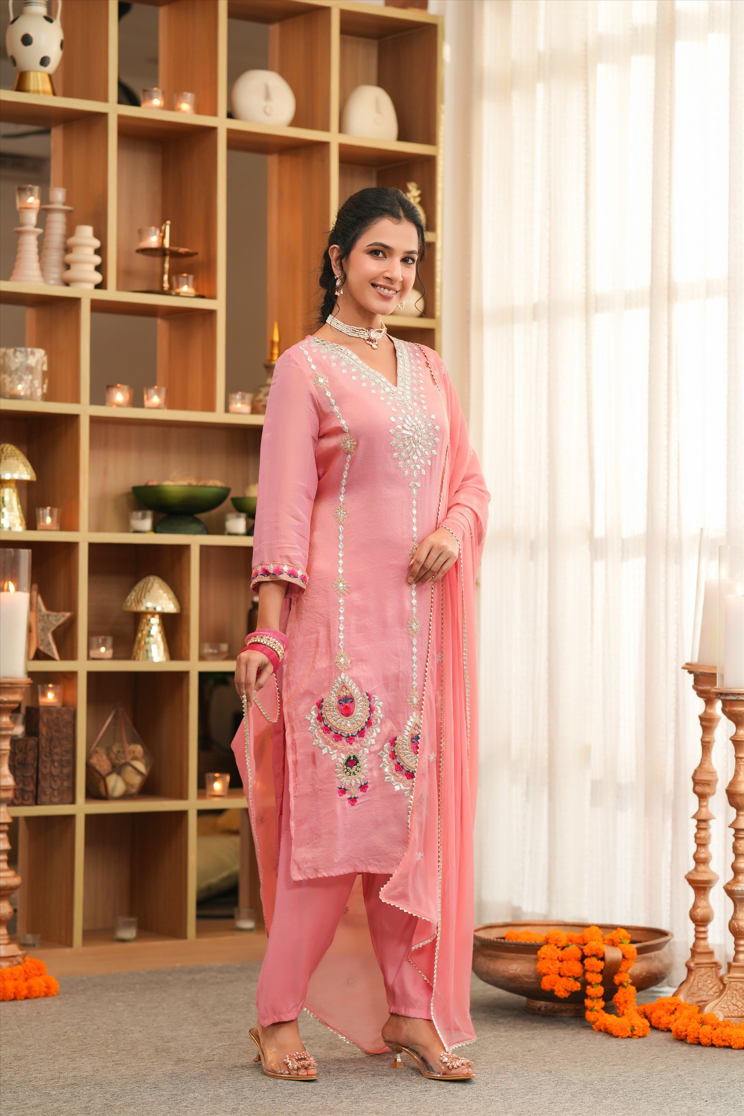 Rose Pink Shimmer Tissue Embroidered Straight Suit Set