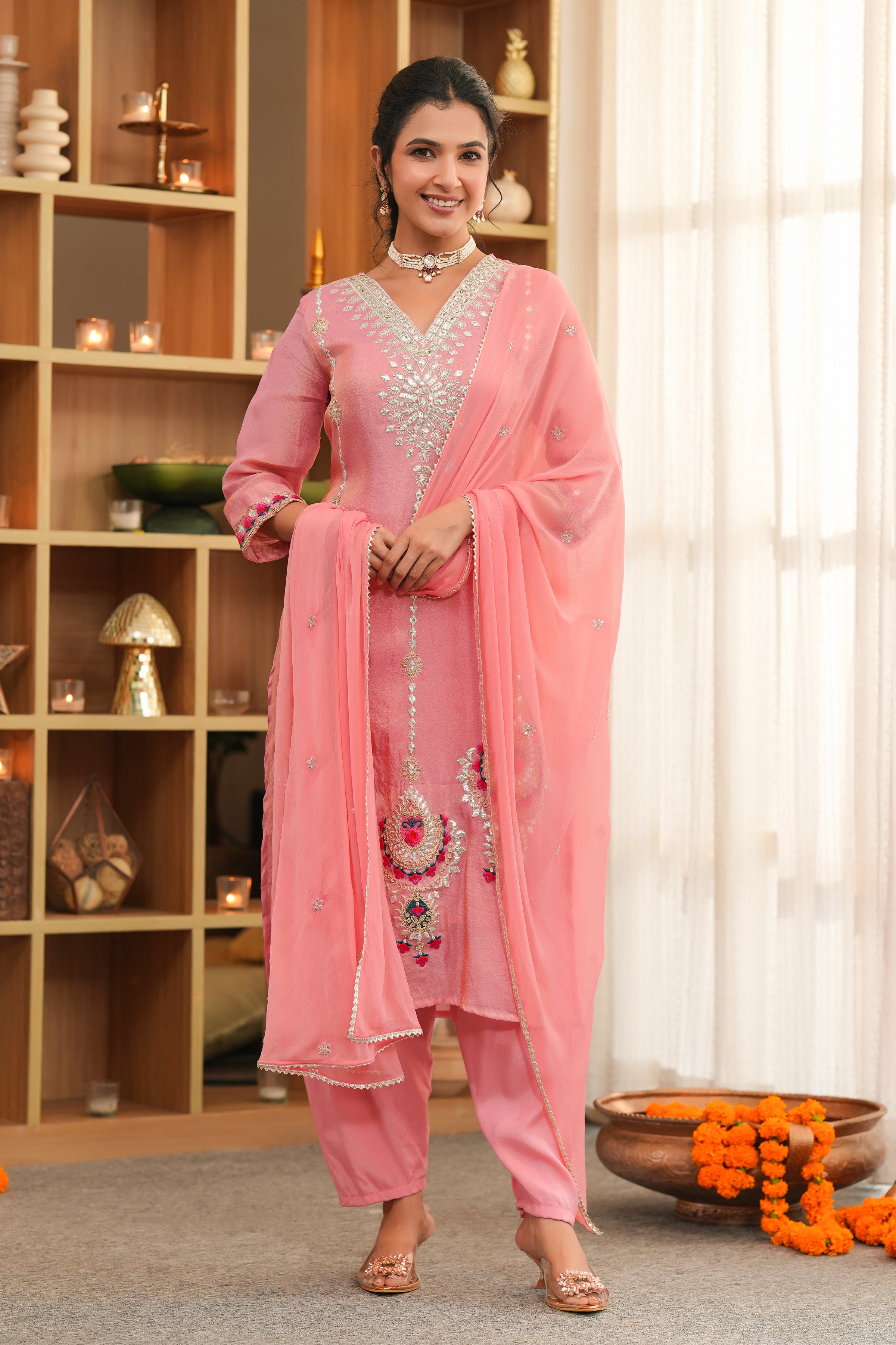 Rose Pink Shimmer Tissue Embroidered Straight Suit Set