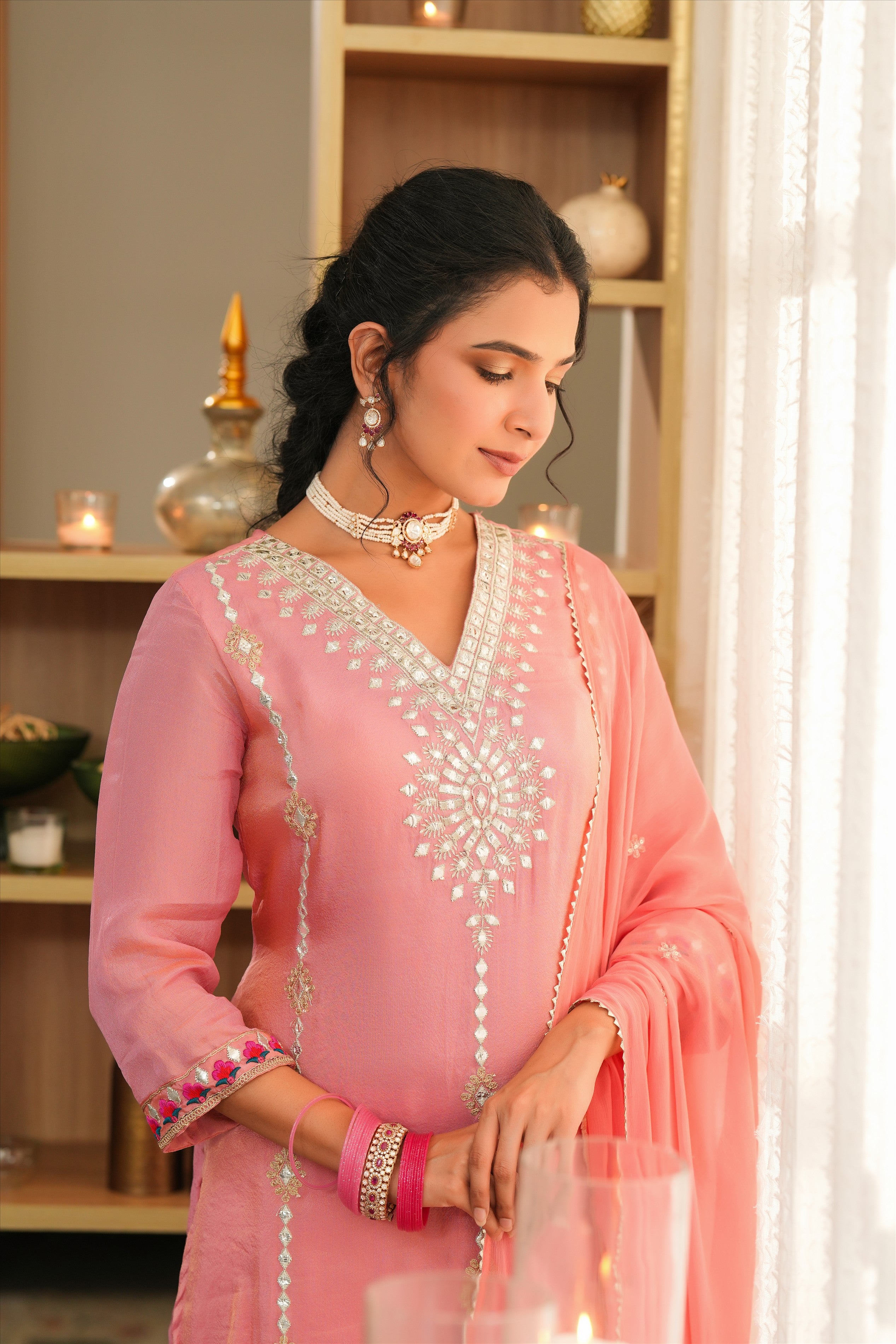 Rose Pink Shimmer Tissue Embroidered Straight Suit Set