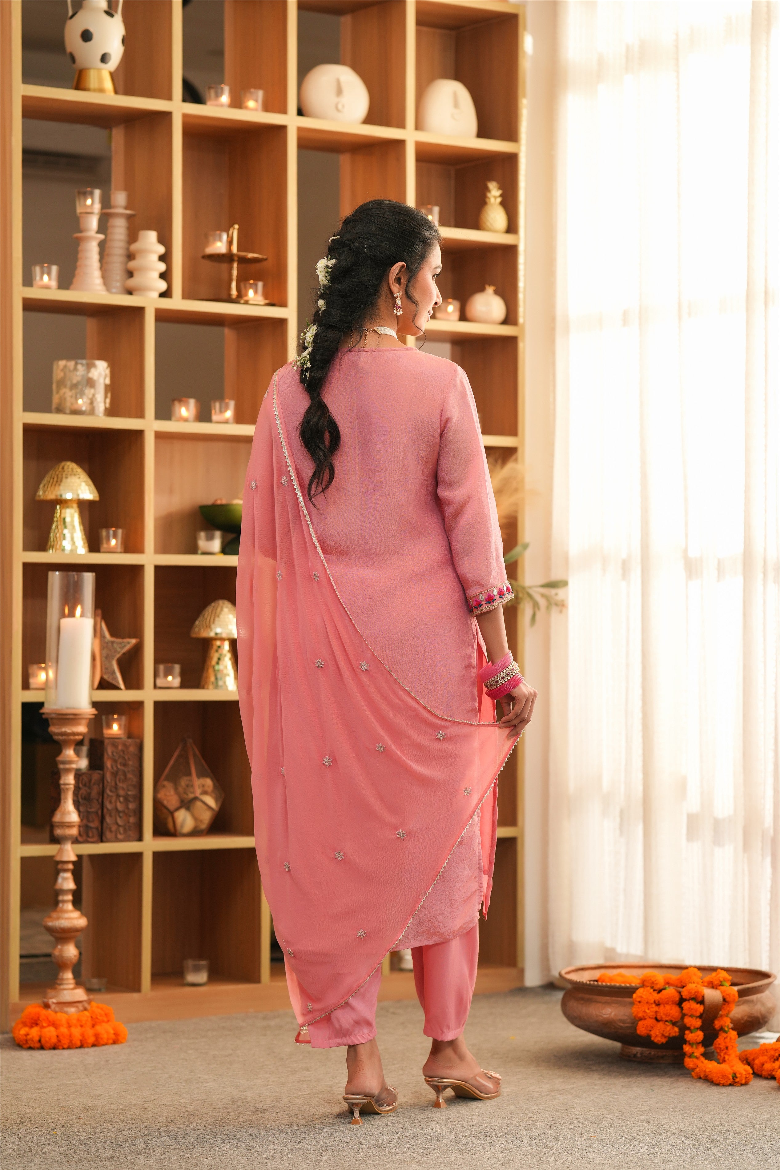 Rose Pink Shimmer Tissue Embroidered Straight Suit Set