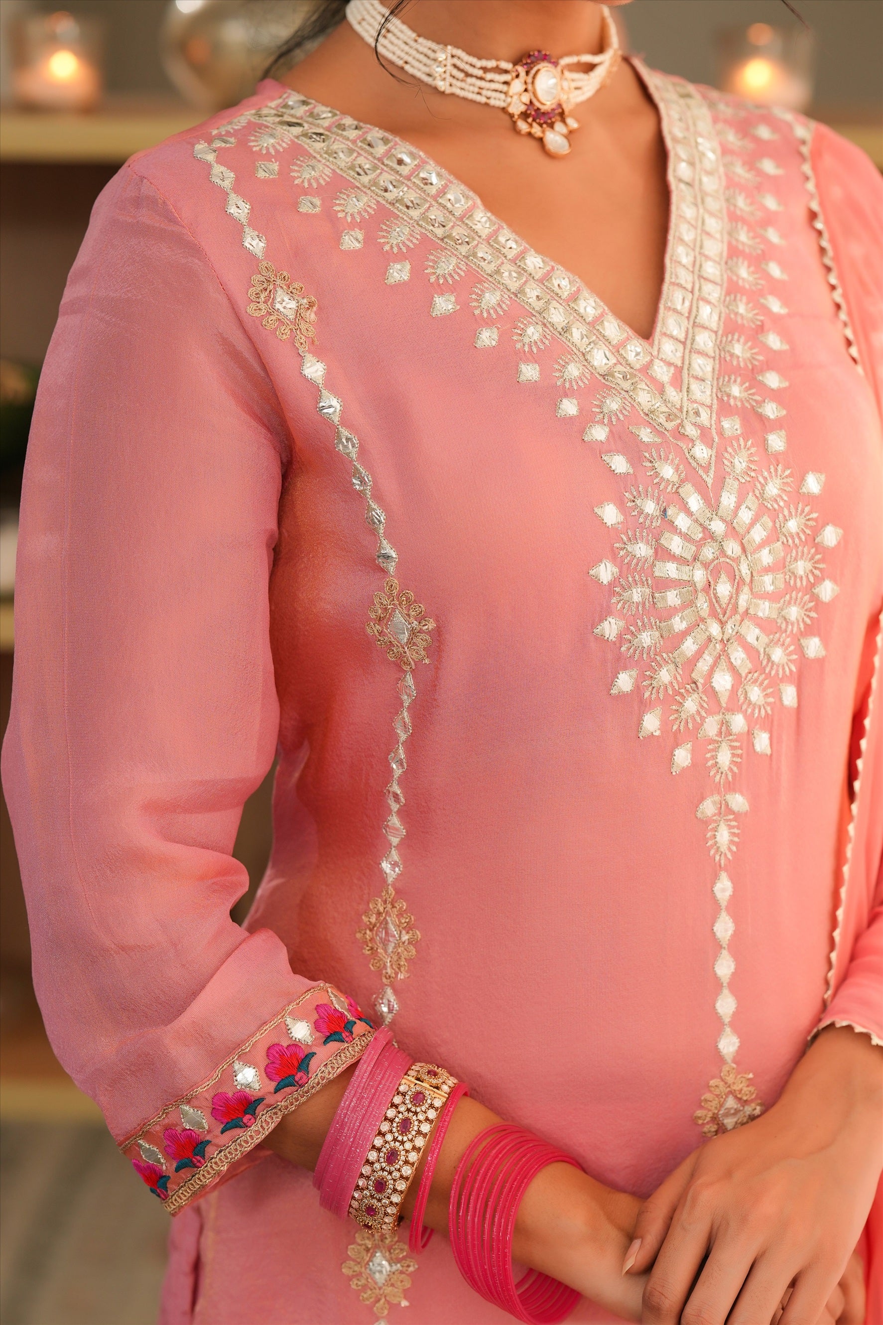 Rose Pink Shimmer Tissue Embroidered Straight Suit Set