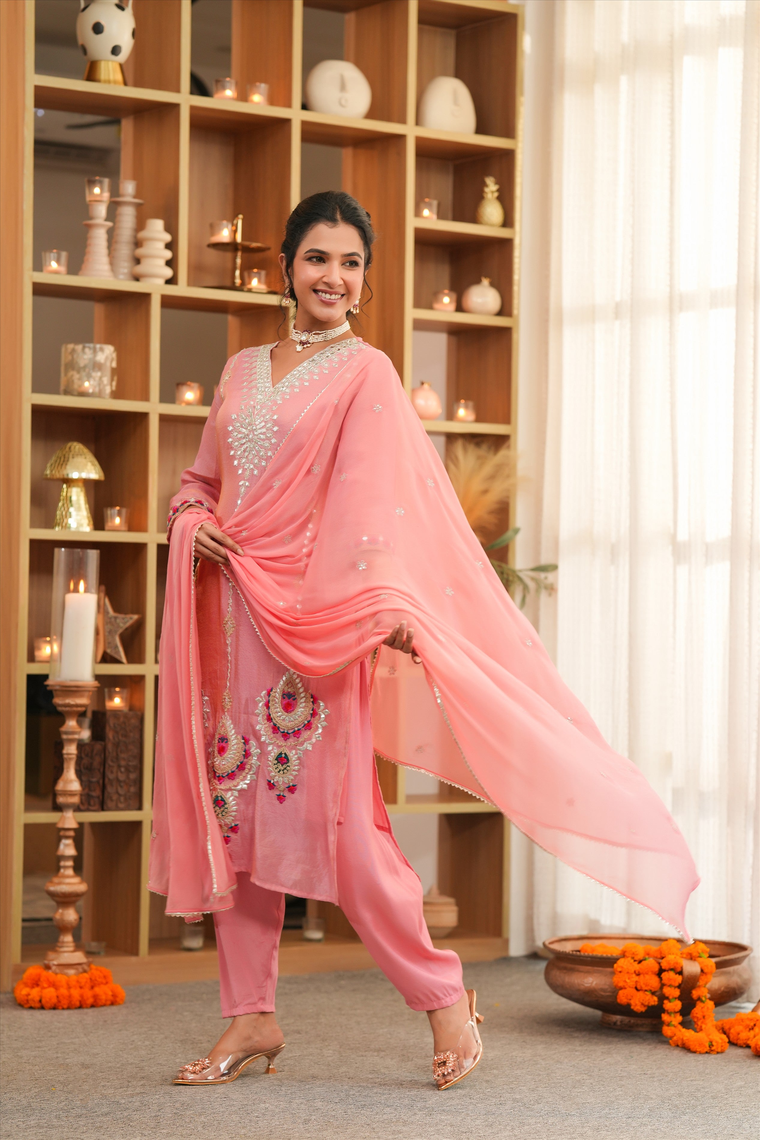 Rose Pink Shimmer Tissue Embroidered Straight Suit Set