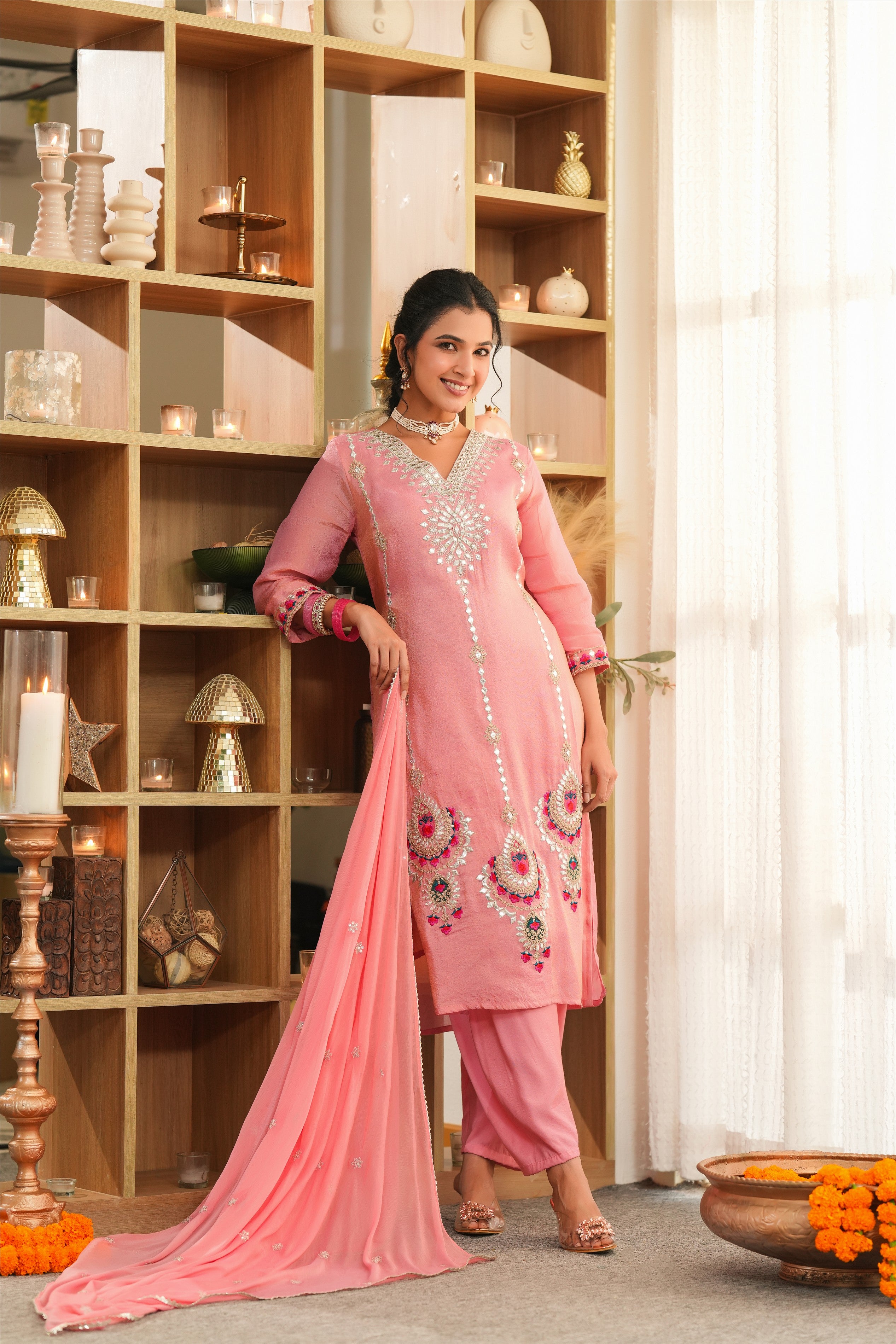 Rose Pink Shimmer Tissue Embroidered Straight Suit Set