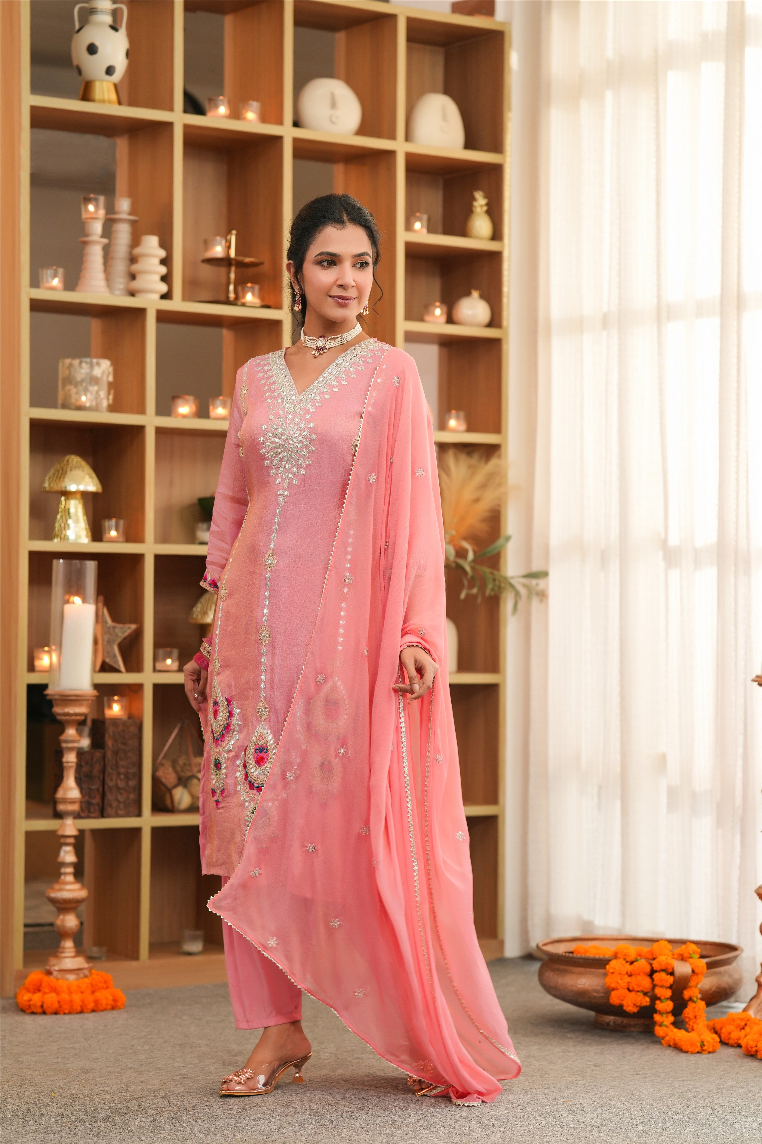 Rose Pink Shimmer Tissue Embroidered Straight Suit Set