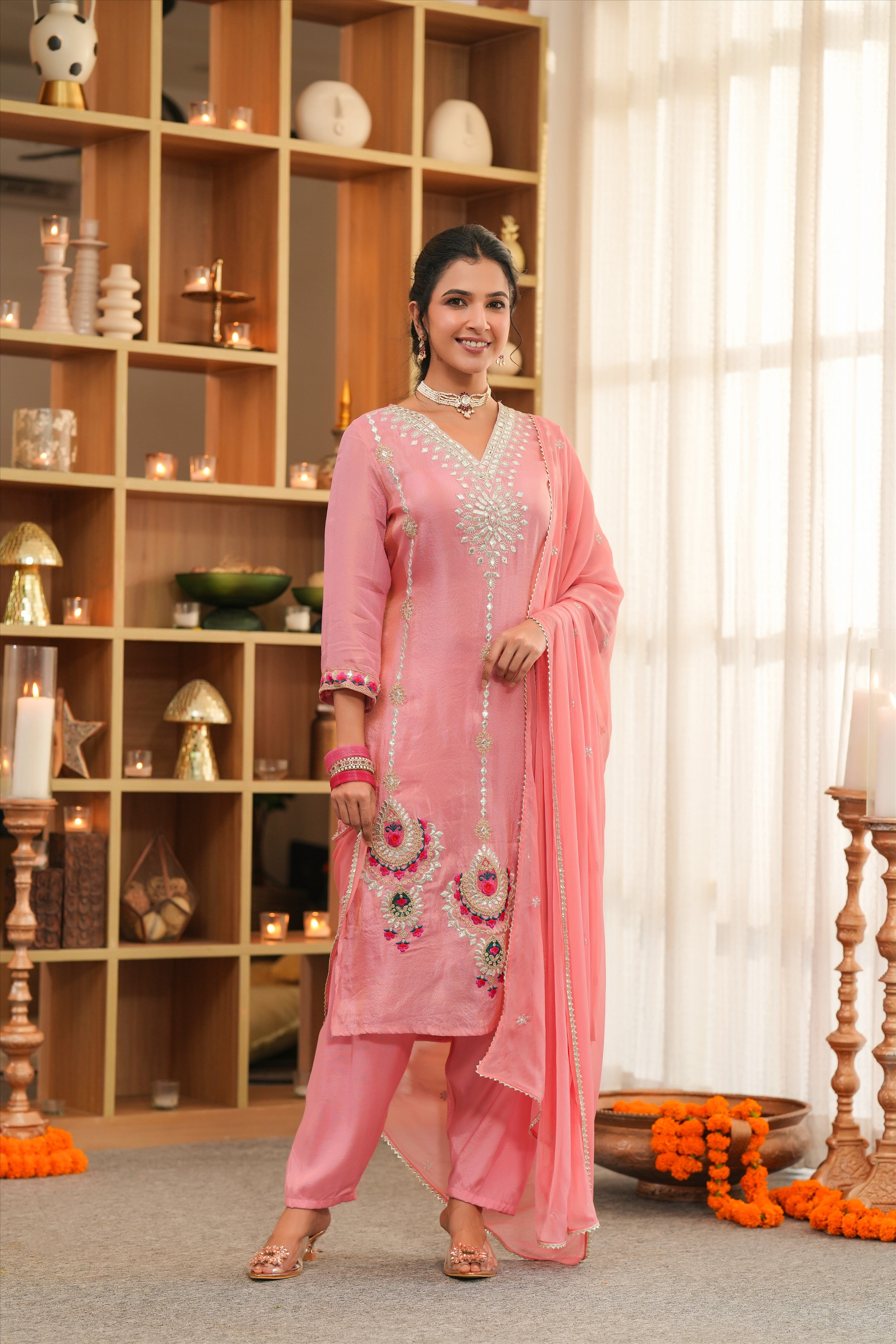 Rose Pink Shimmer Tissue Embroidered Straight Suit Set