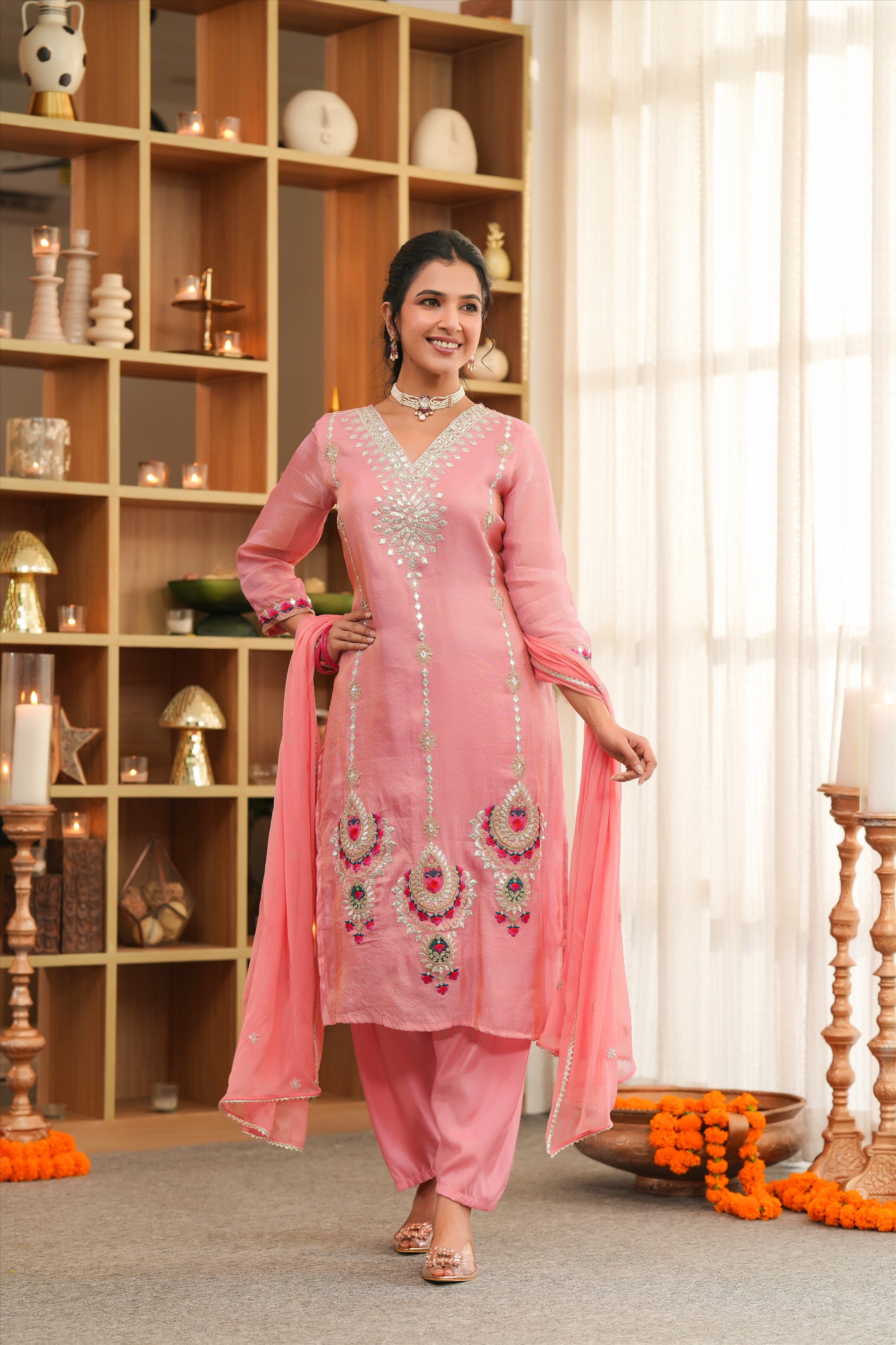 Rose Pink Shimmer Tissue Embroidered Straight Suit Set