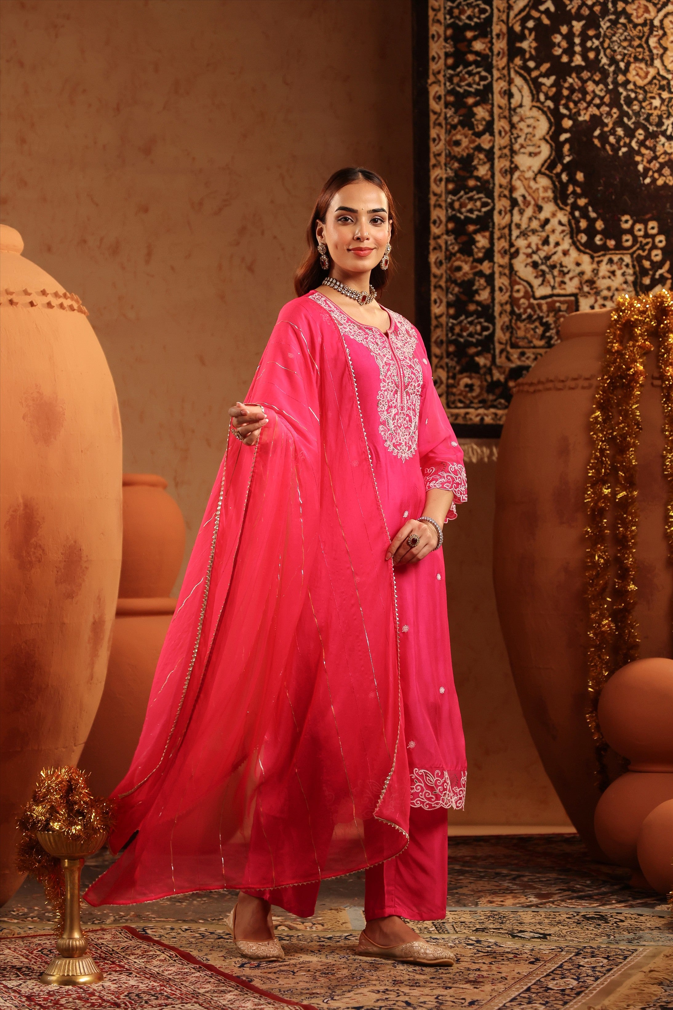 Fuchsia Silk Thread Work Straight Suit Set