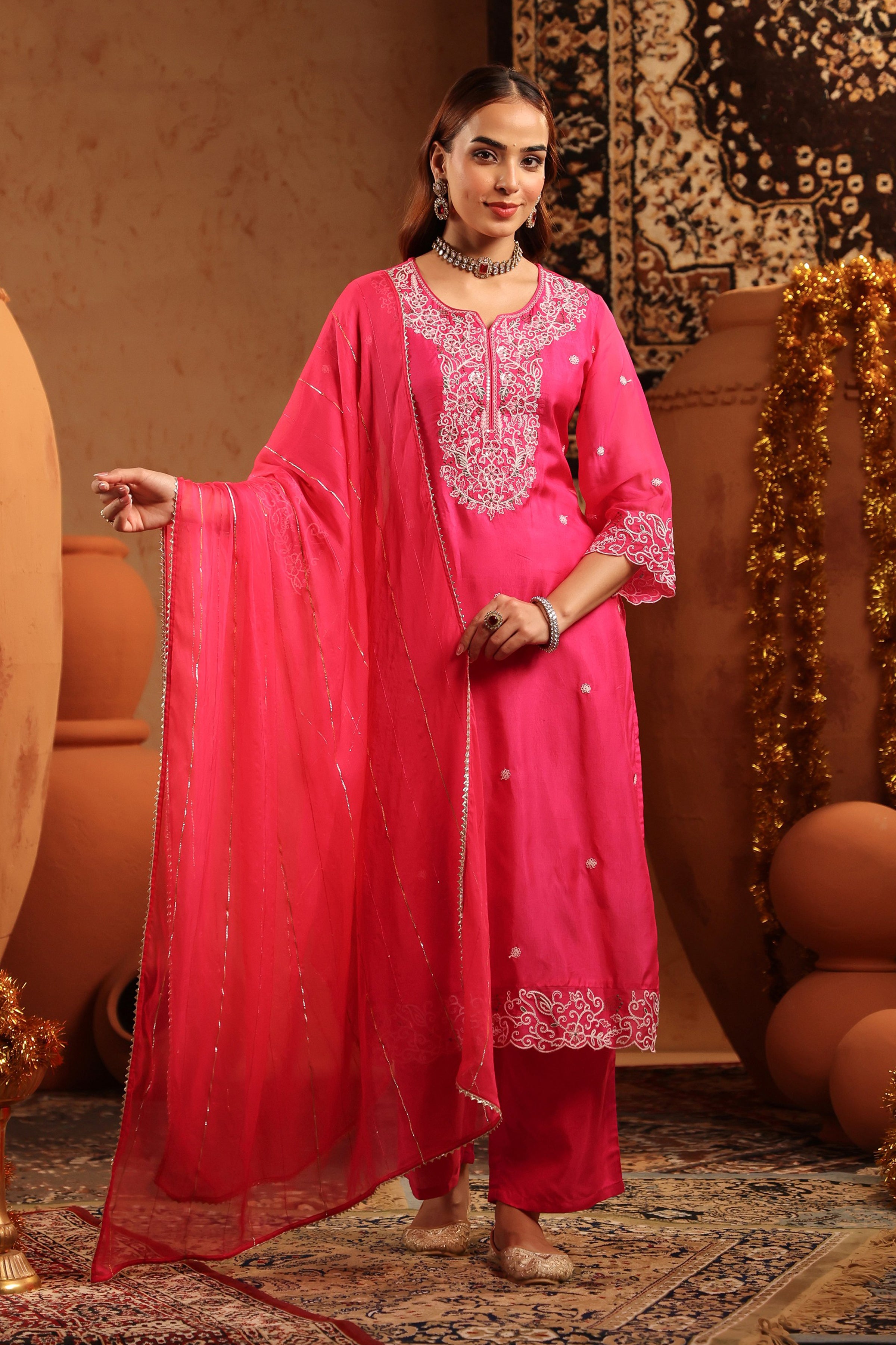 Fuchsia Silk Thread Work Straight Suit Set
