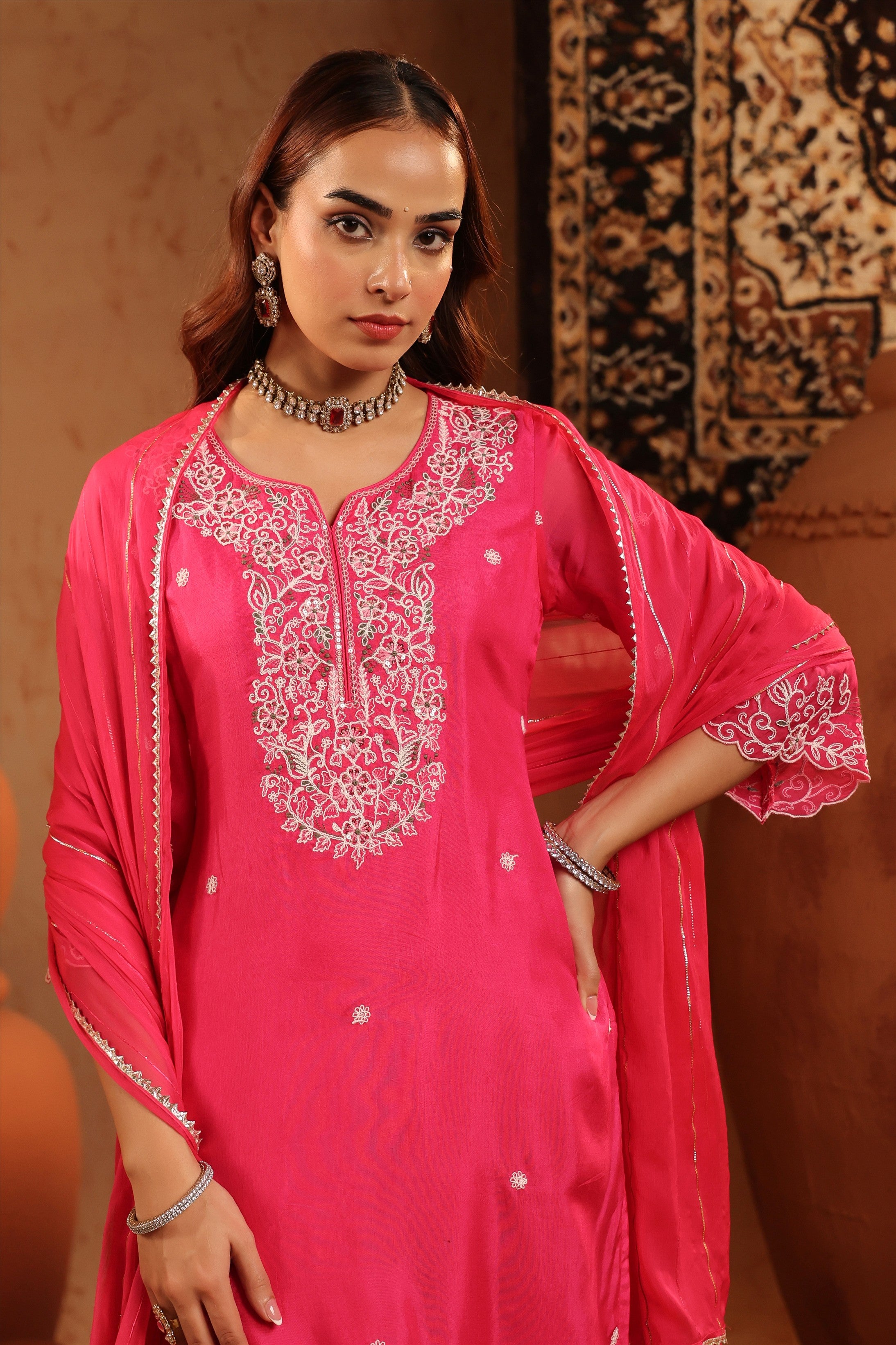 Fuchsia Silk Thread Work Straight Suit Set