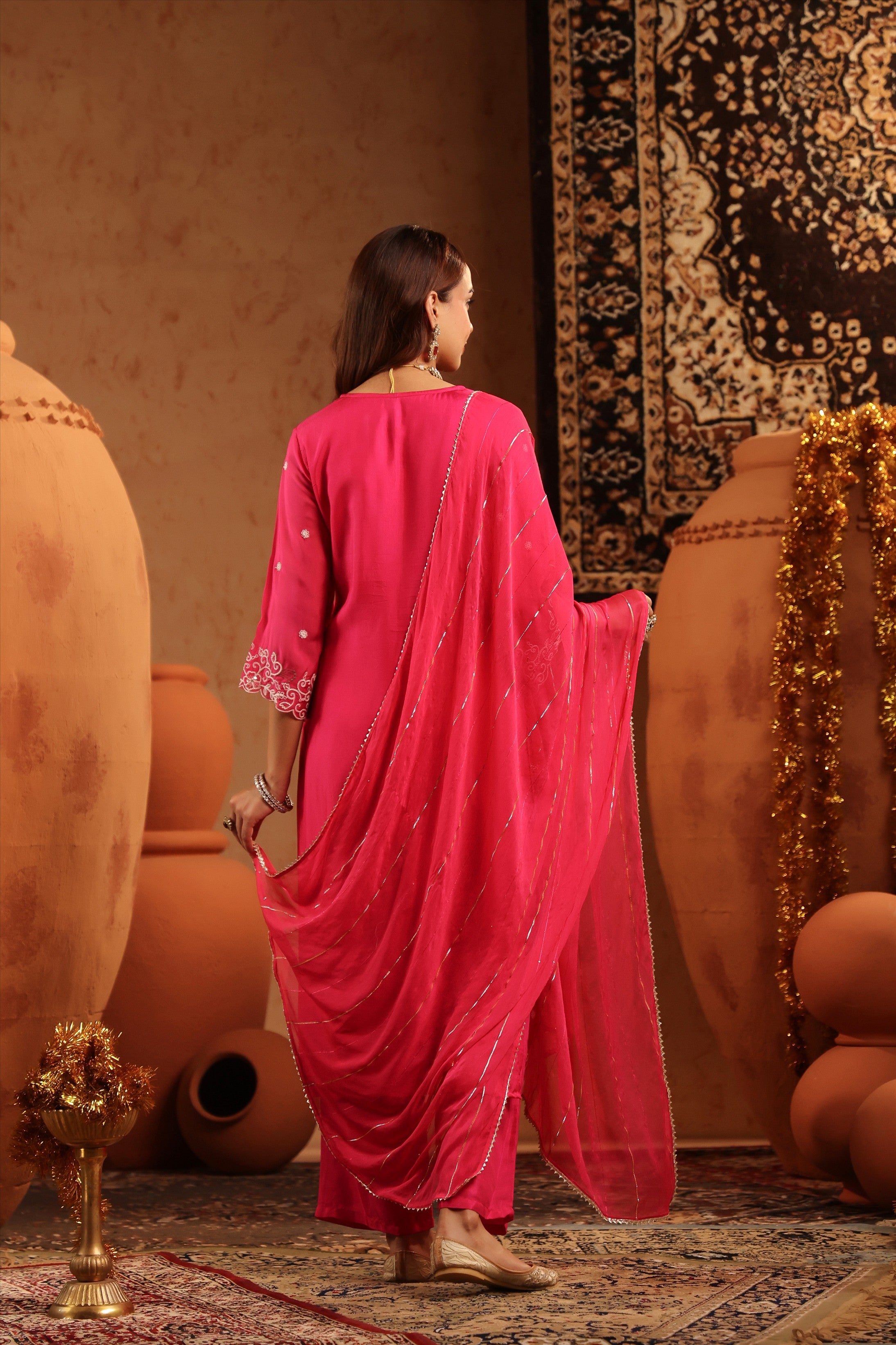 Fuchsia Silk Thread Work Straight Suit Set