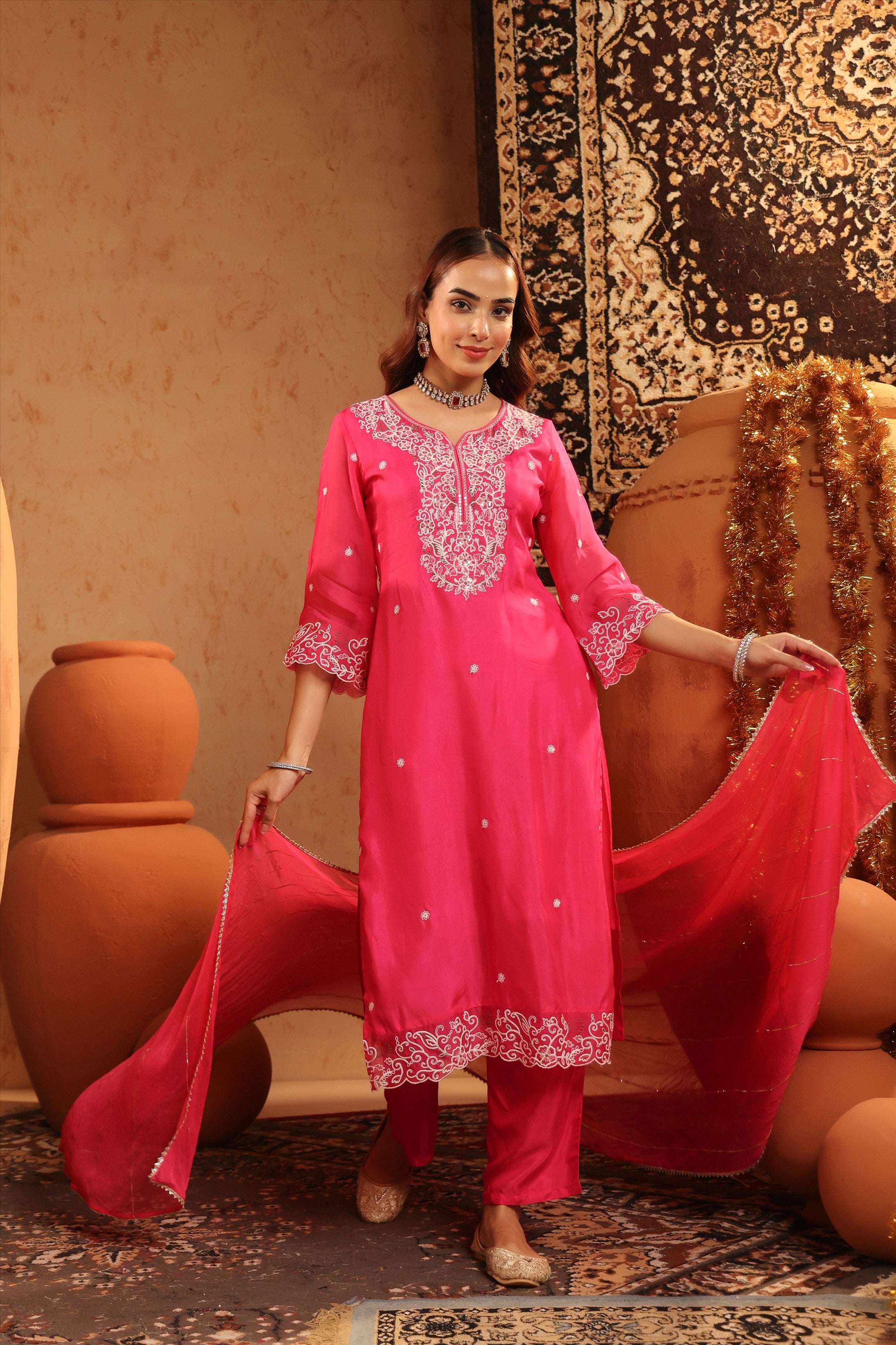 Fuchsia Silk Thread Work Straight Suit Set
