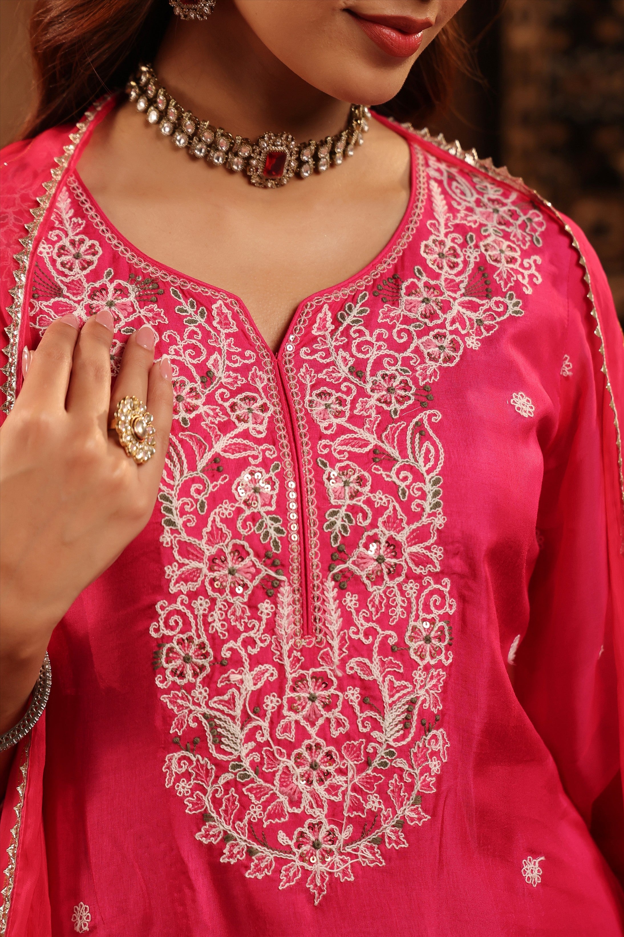 Fuchsia Silk Thread Work Straight Suit Set