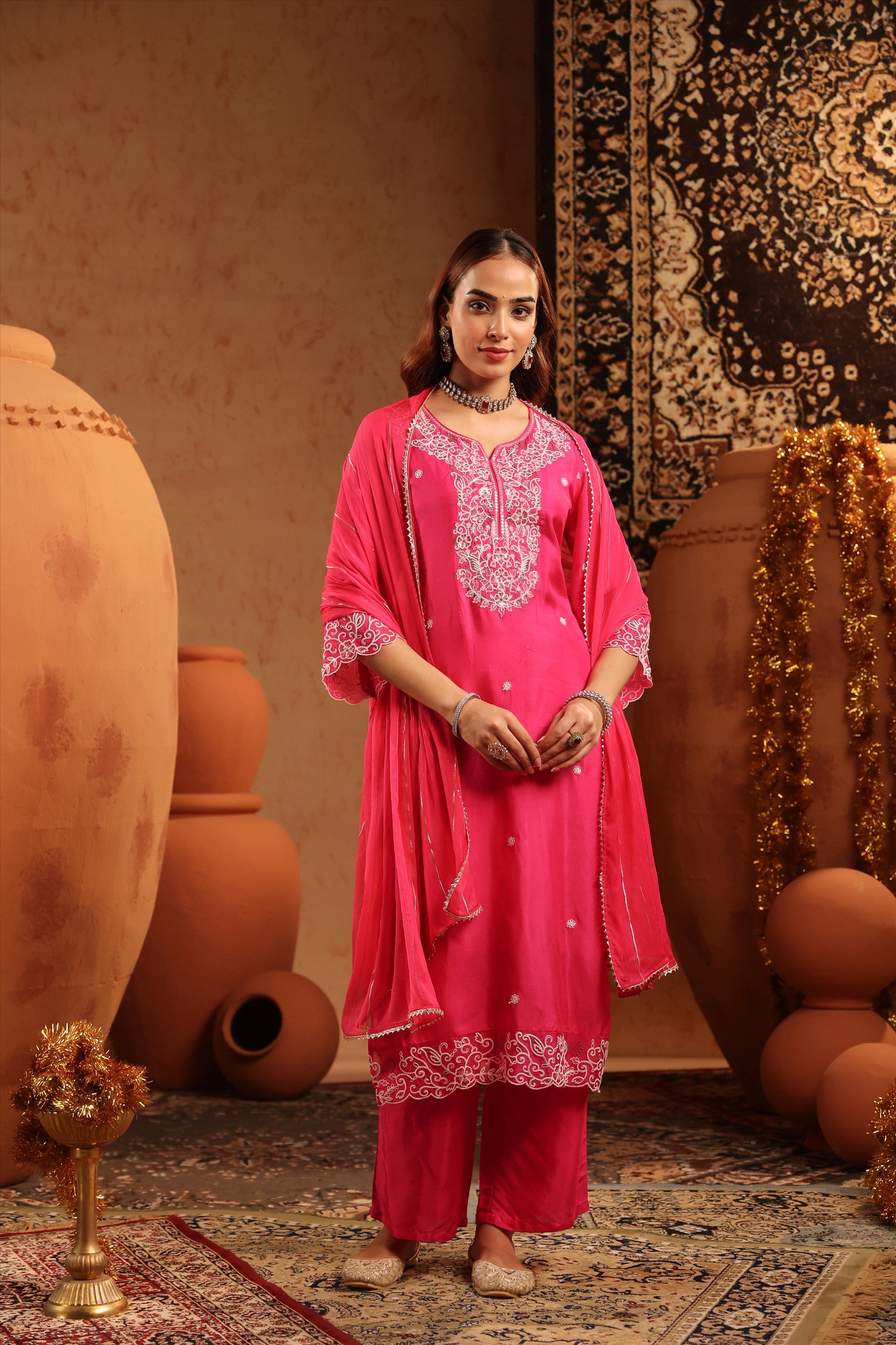 Fuchsia Silk Thread Work Straight Suit Set