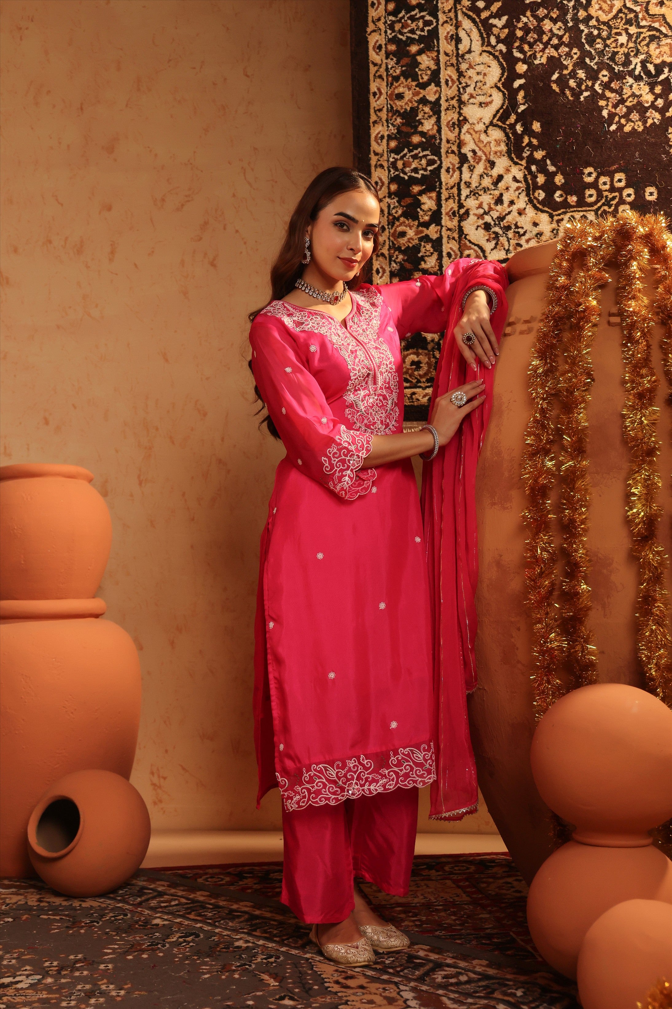 Fuchsia Silk Thread Work Straight Suit Set
