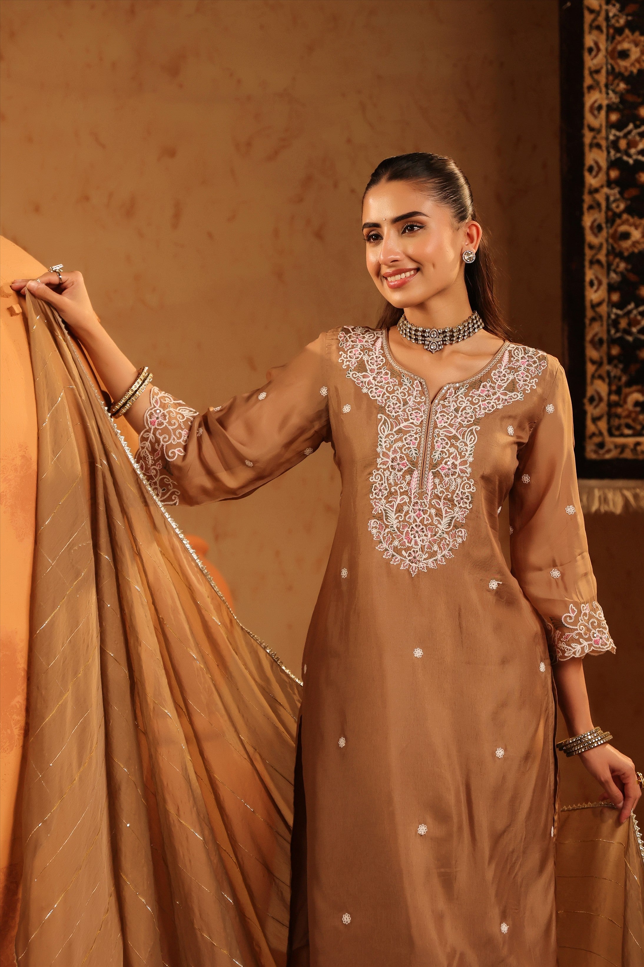 Taupe Silk Thread Work Straight Suit Set