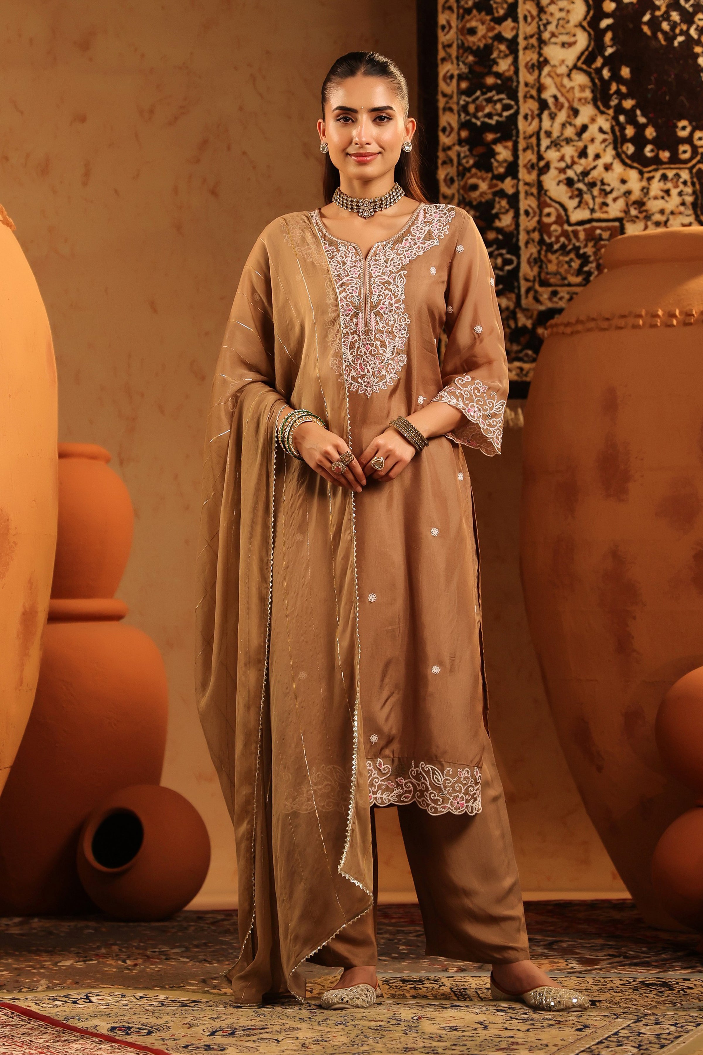Taupe Silk Thread Work Straight Suit Set