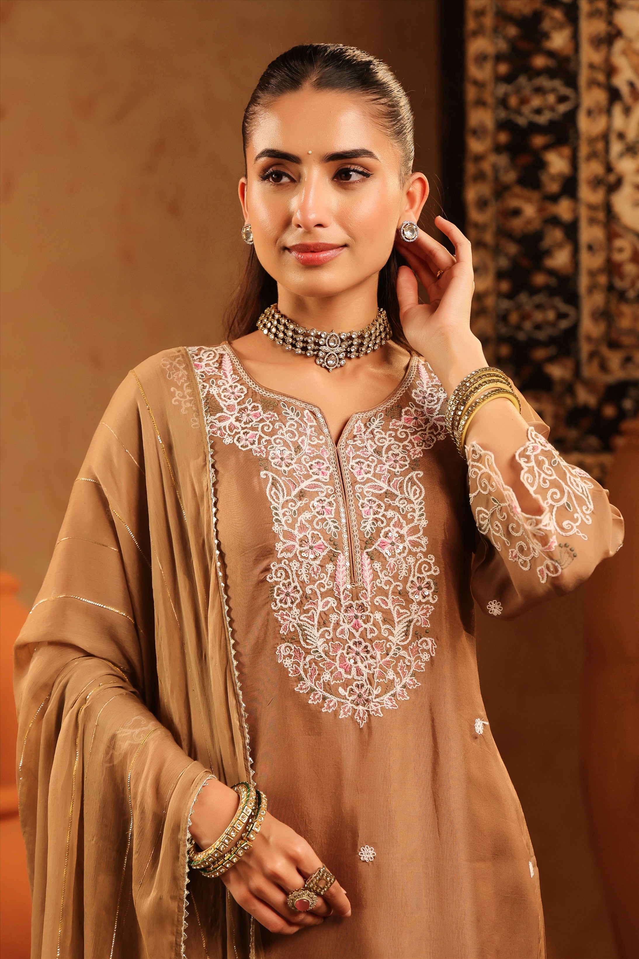 Taupe Silk Thread Work Straight Suit Set