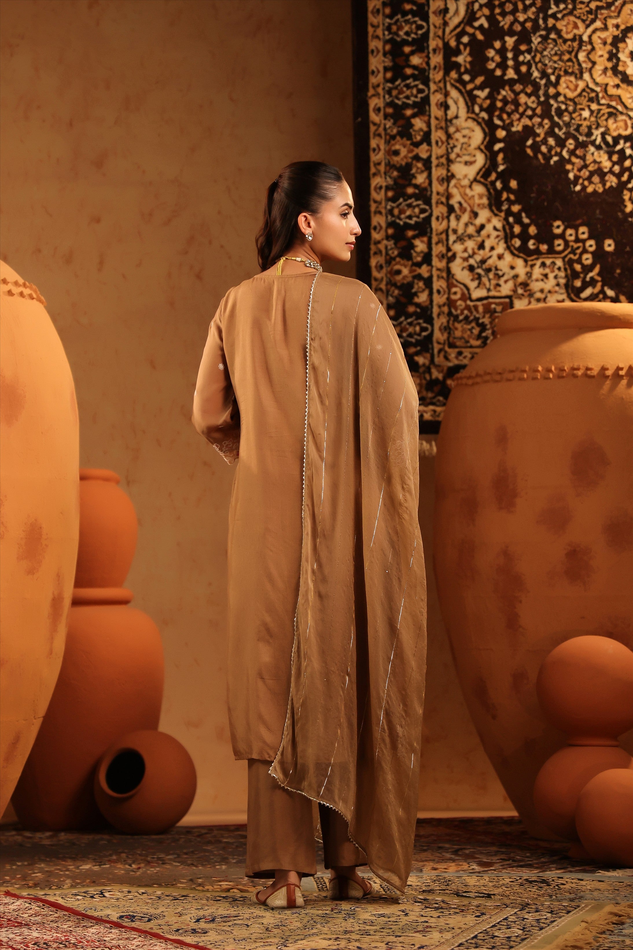 Taupe Silk Thread Work Straight Suit Set