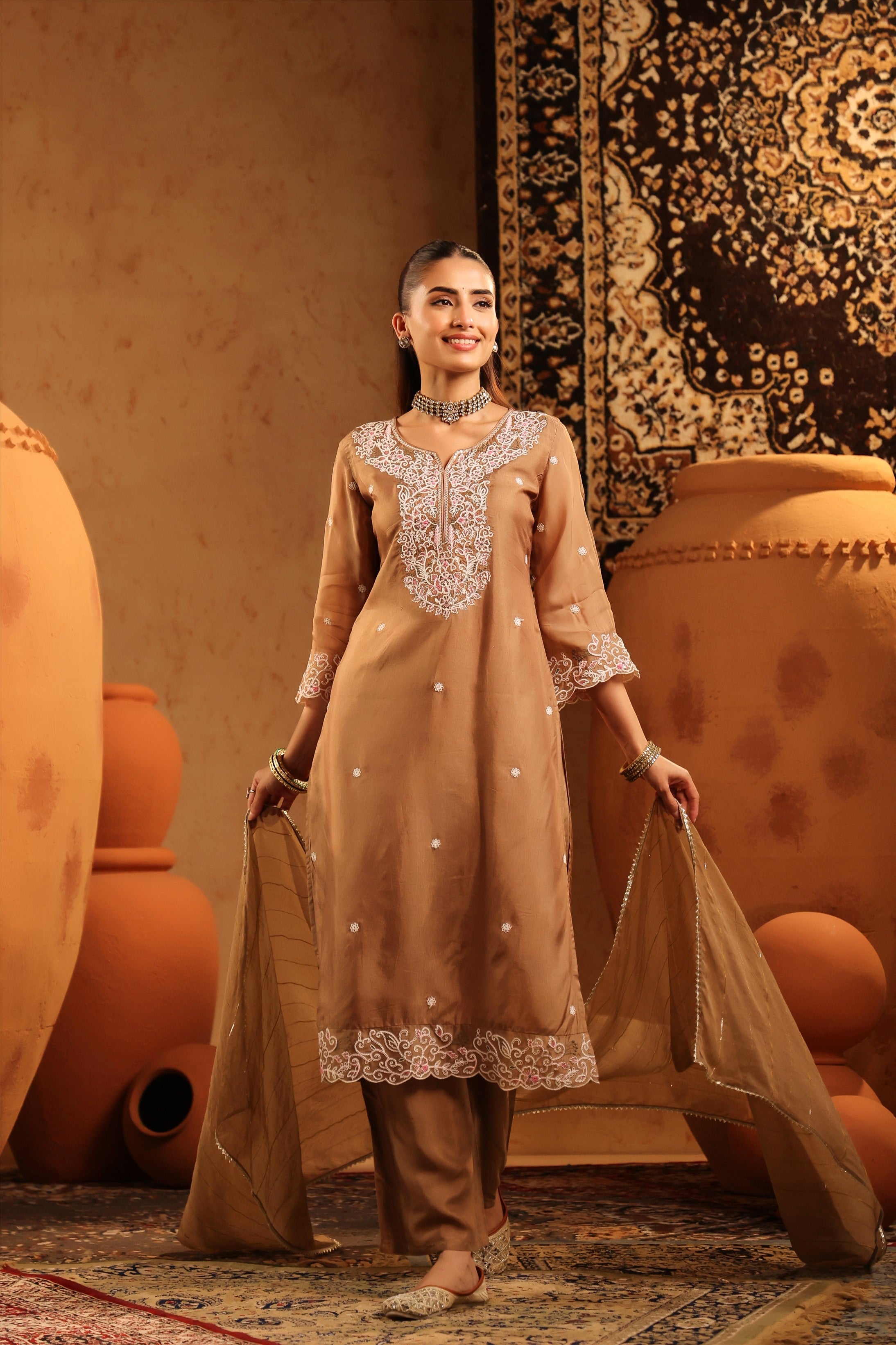 Taupe Silk Thread Work Straight Suit Set