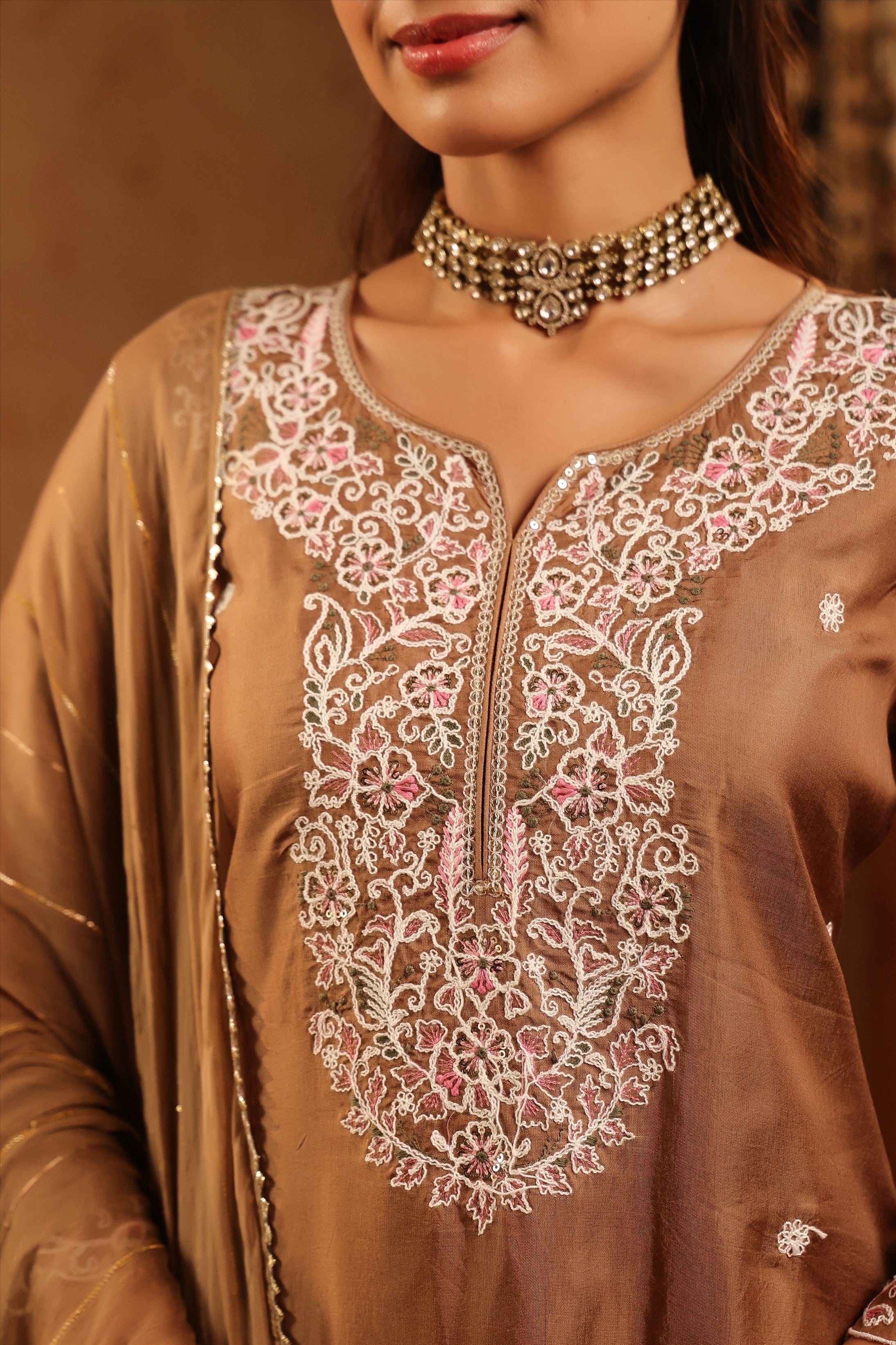 Taupe Silk Thread Work Straight Suit Set