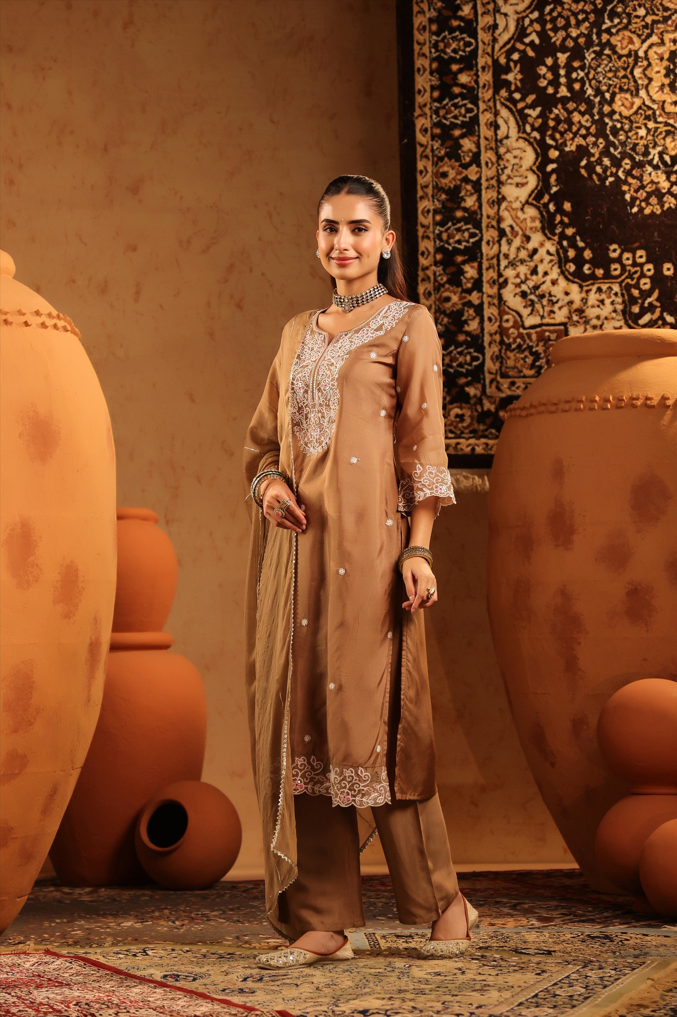 Taupe Silk Thread Work Straight Suit Set
