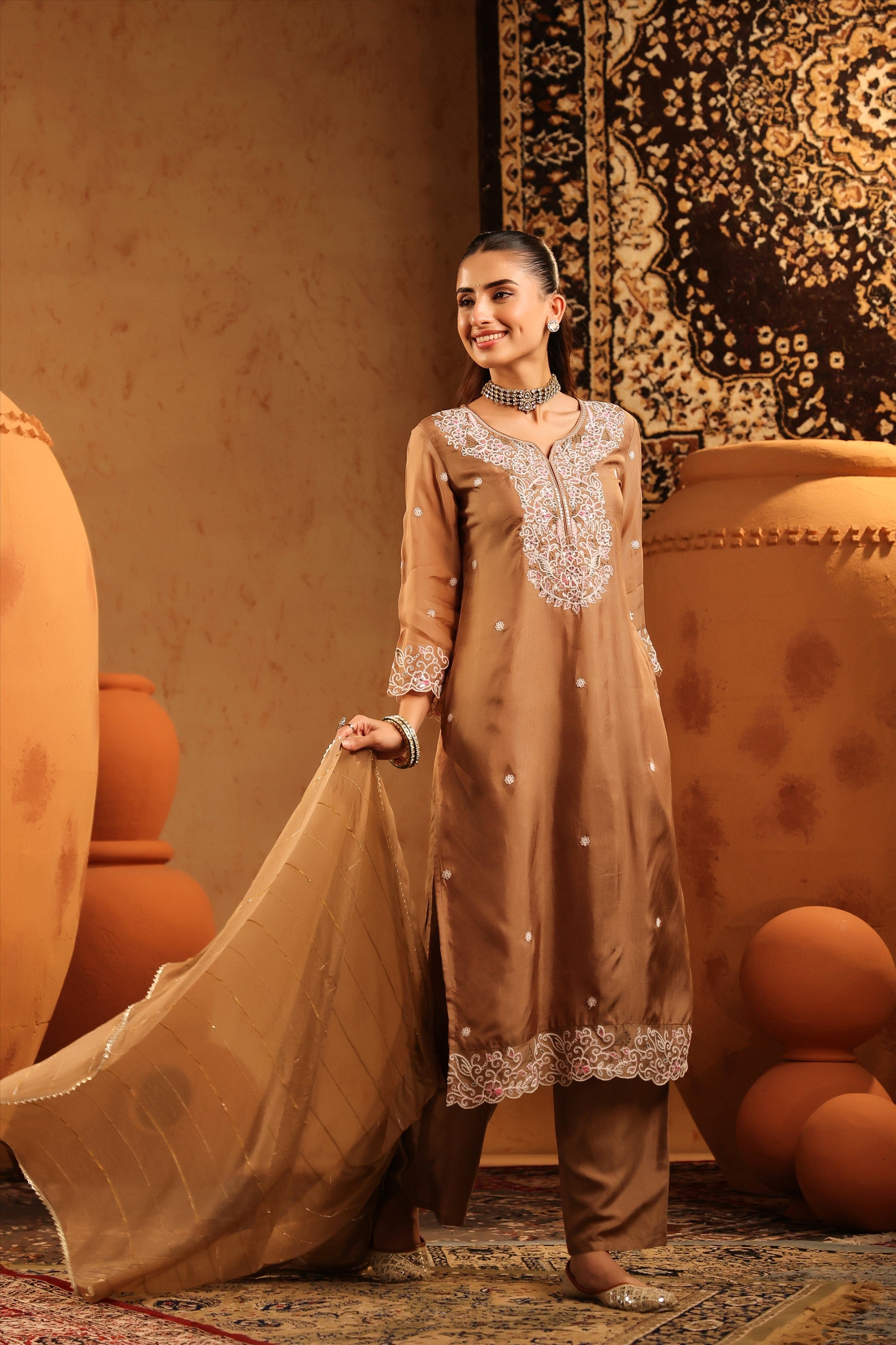 Taupe Silk Thread Work Straight Suit Set
