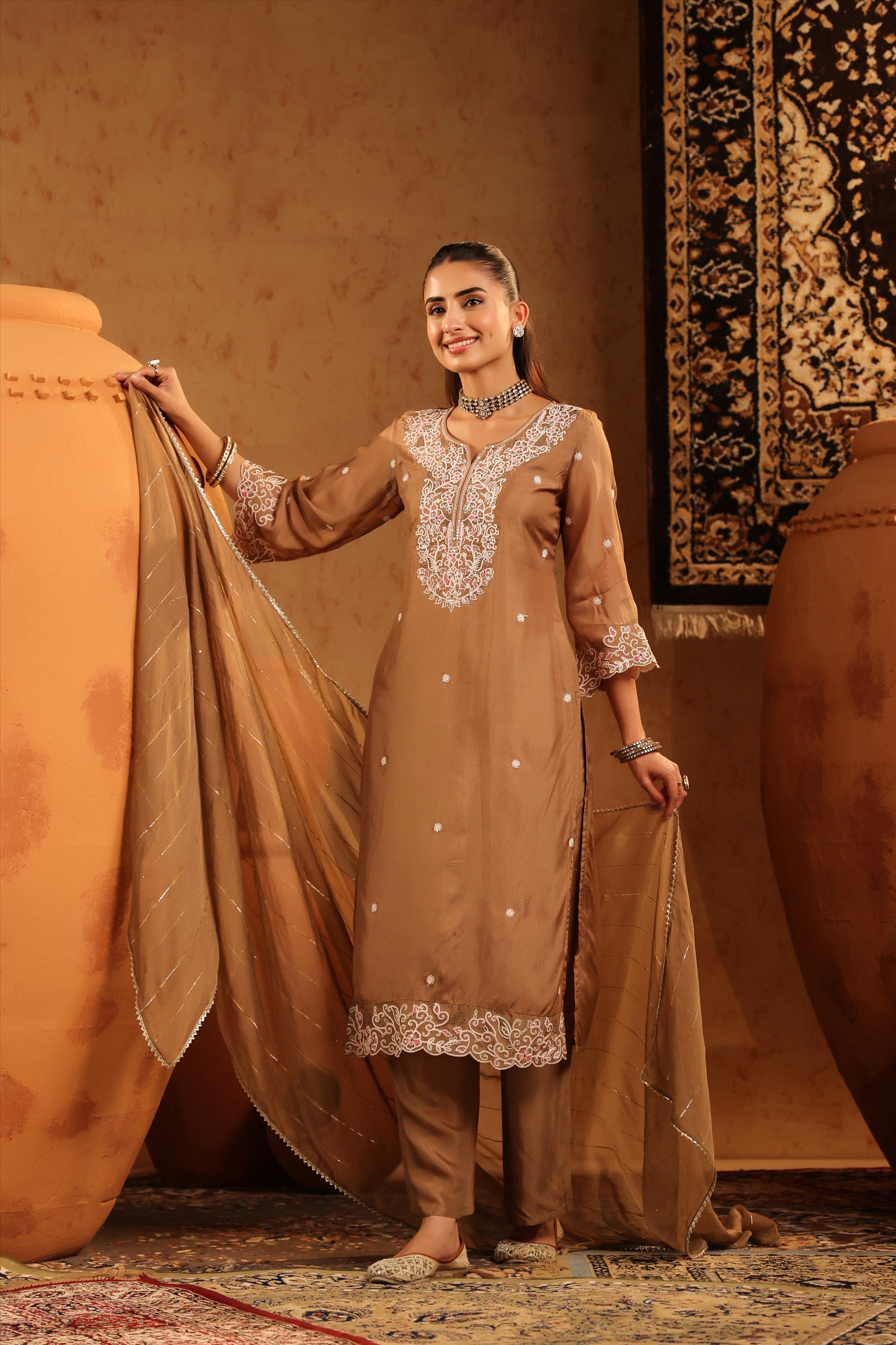 Taupe Silk Thread Work Straight Suit Set
