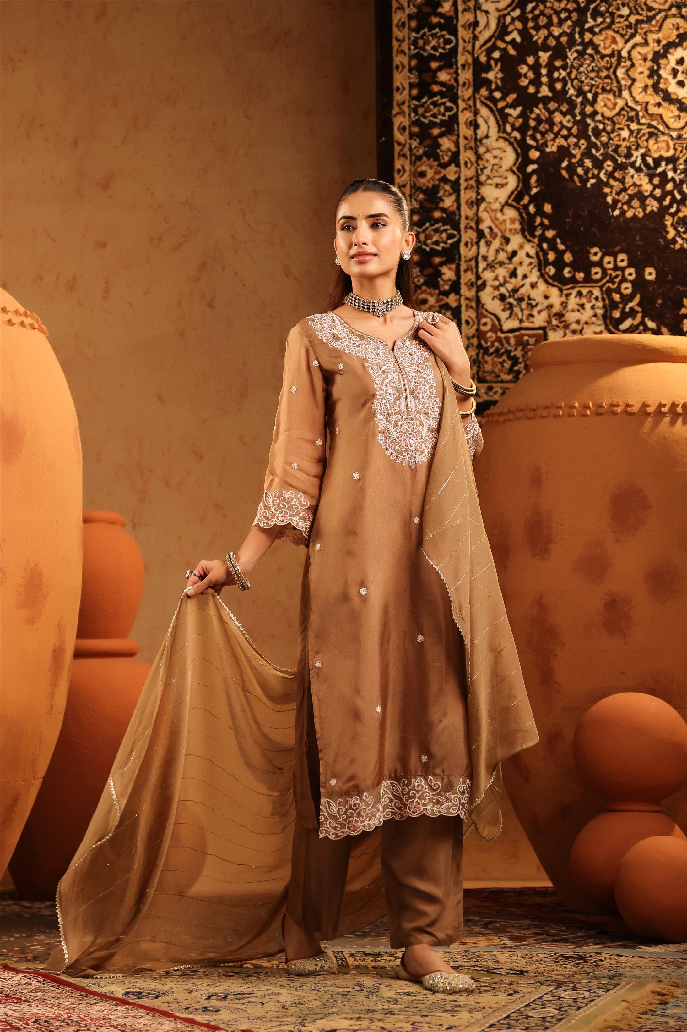 Taupe Silk Thread Work Straight Suit Set