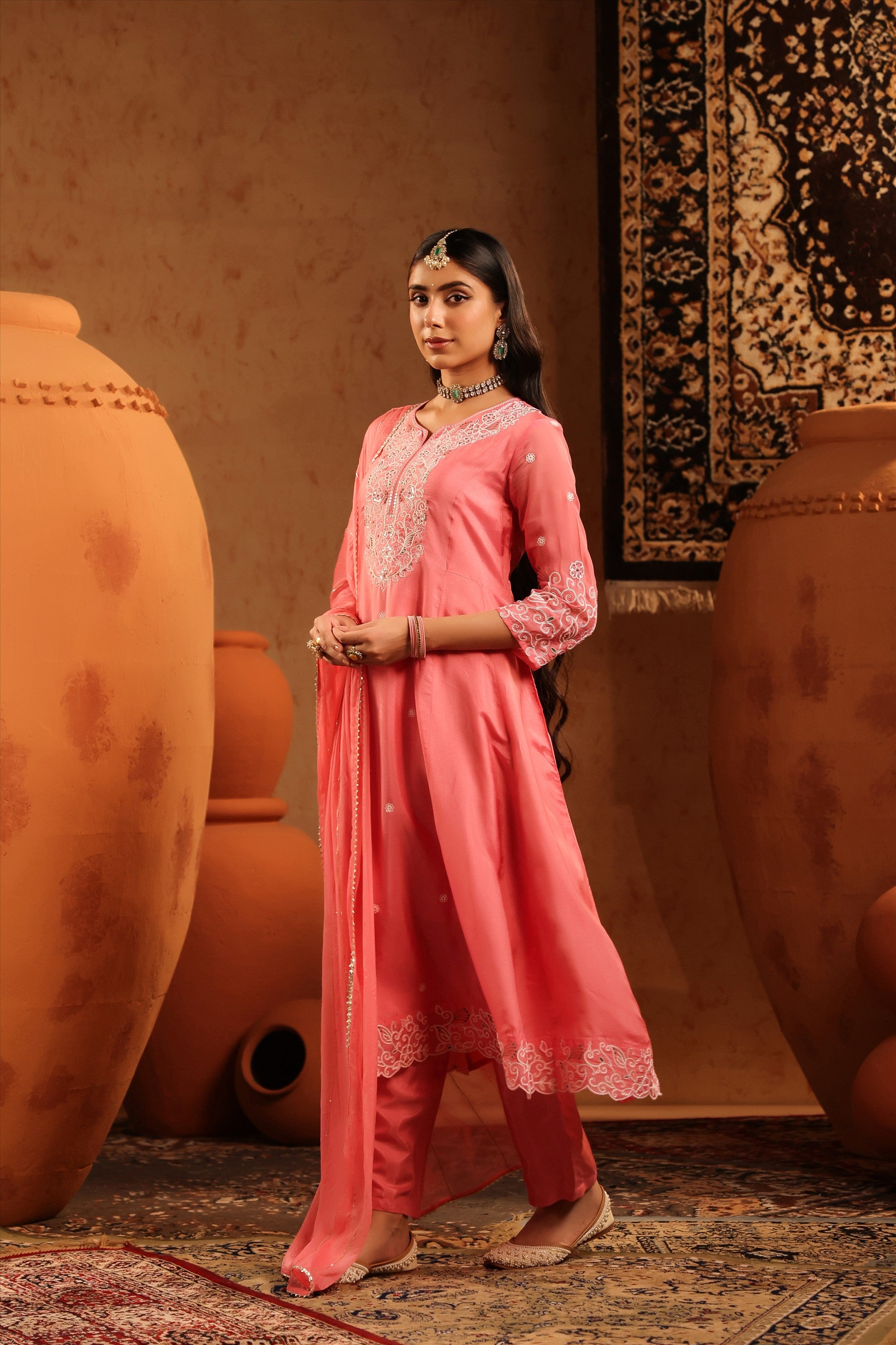 Mauve Silk Thread Work Anarkali Suit Set