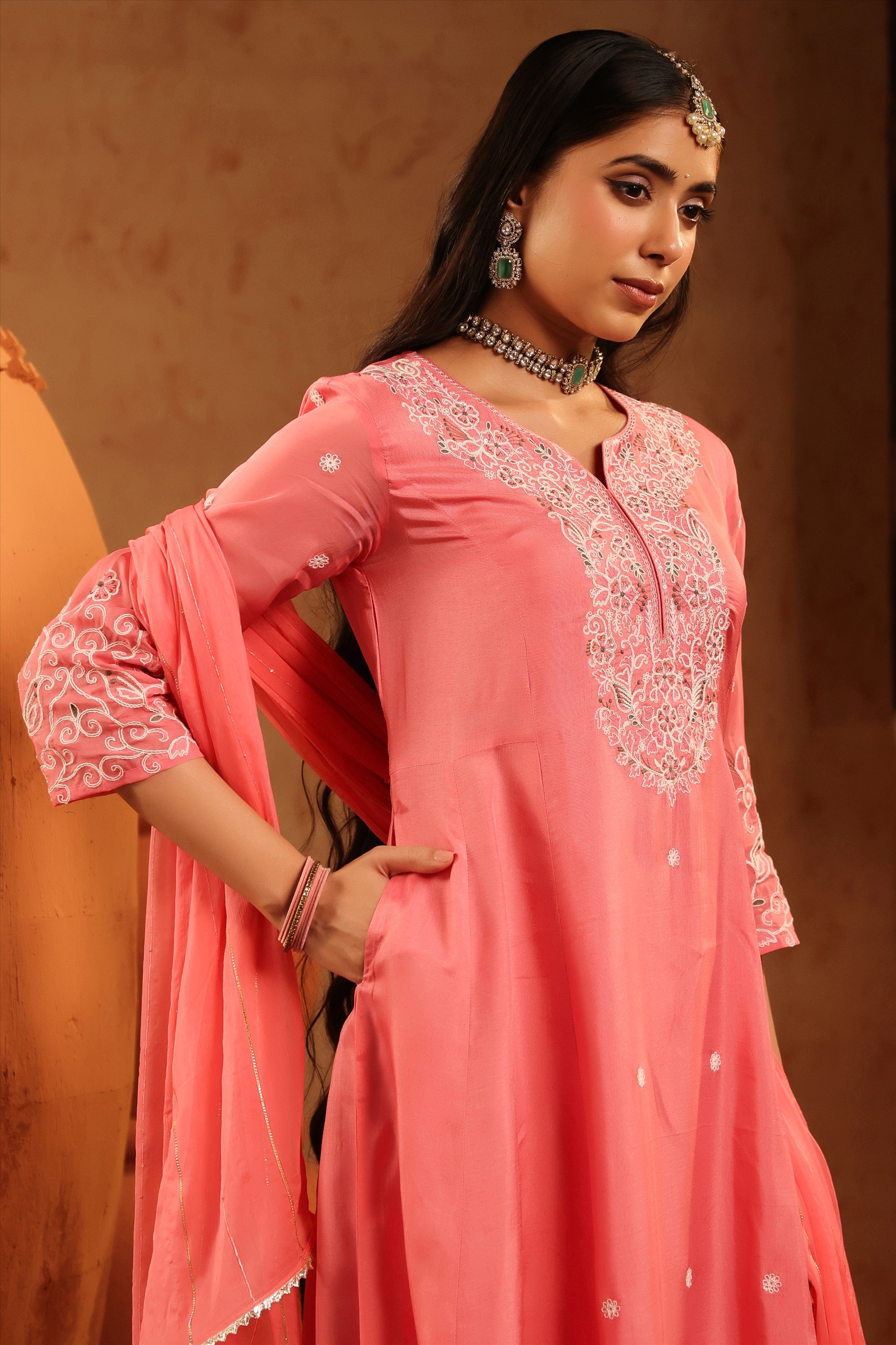 Mauve Silk Thread Work Anarkali Suit Set