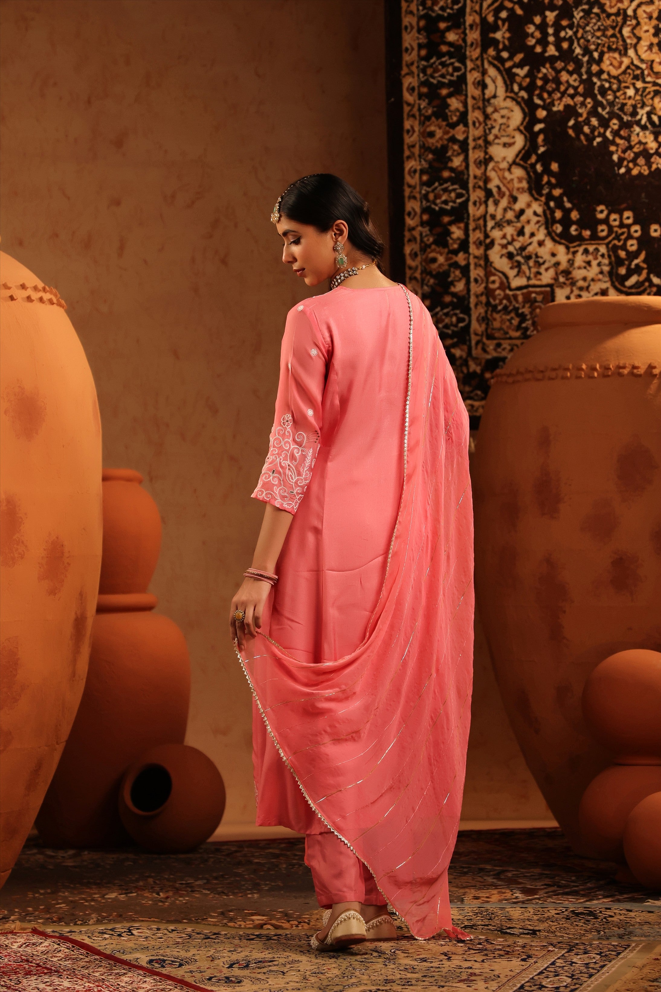 Mauve Silk Thread Work Anarkali Suit Set