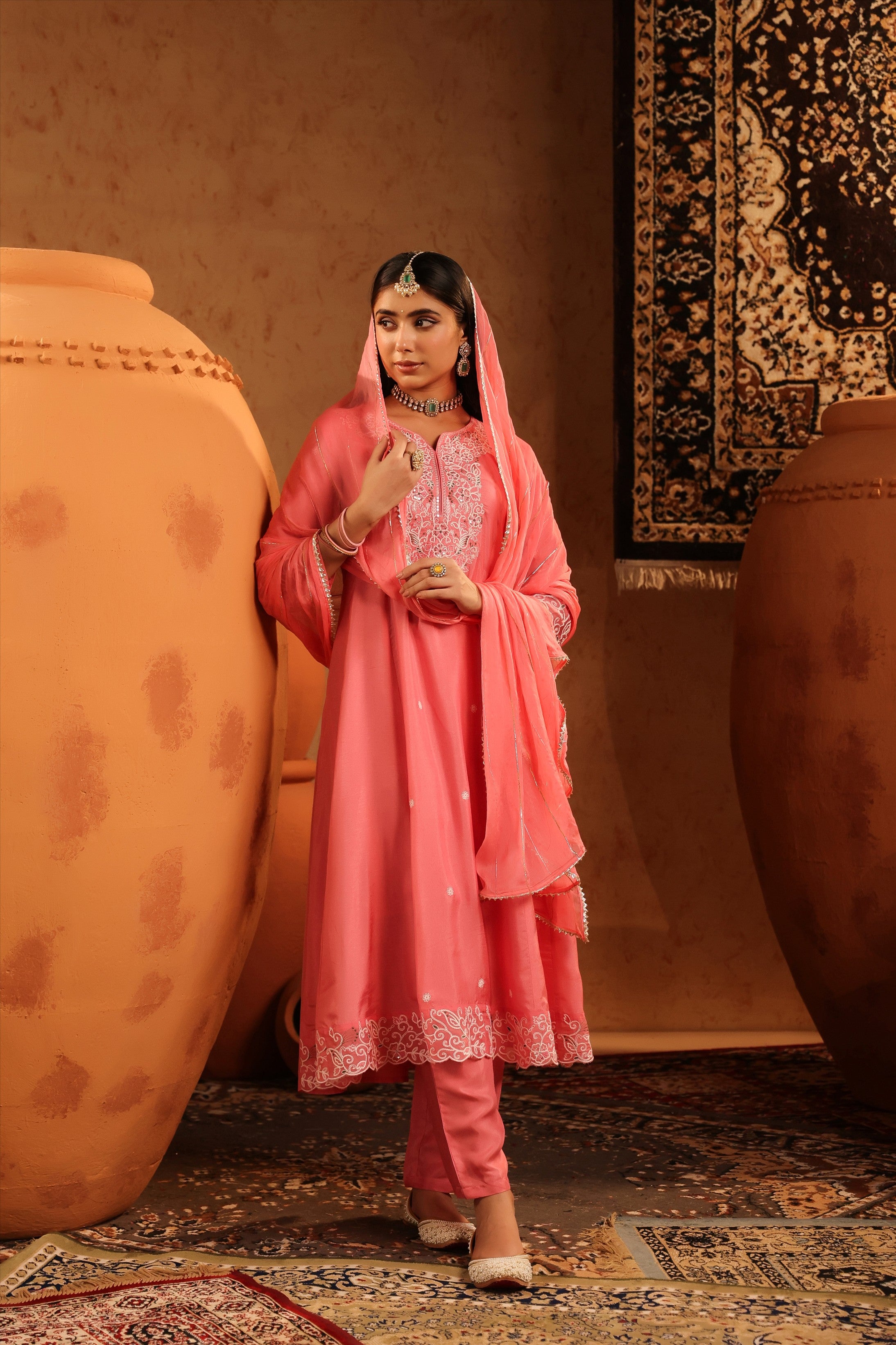 Mauve Silk Thread Work Anarkali Suit Set