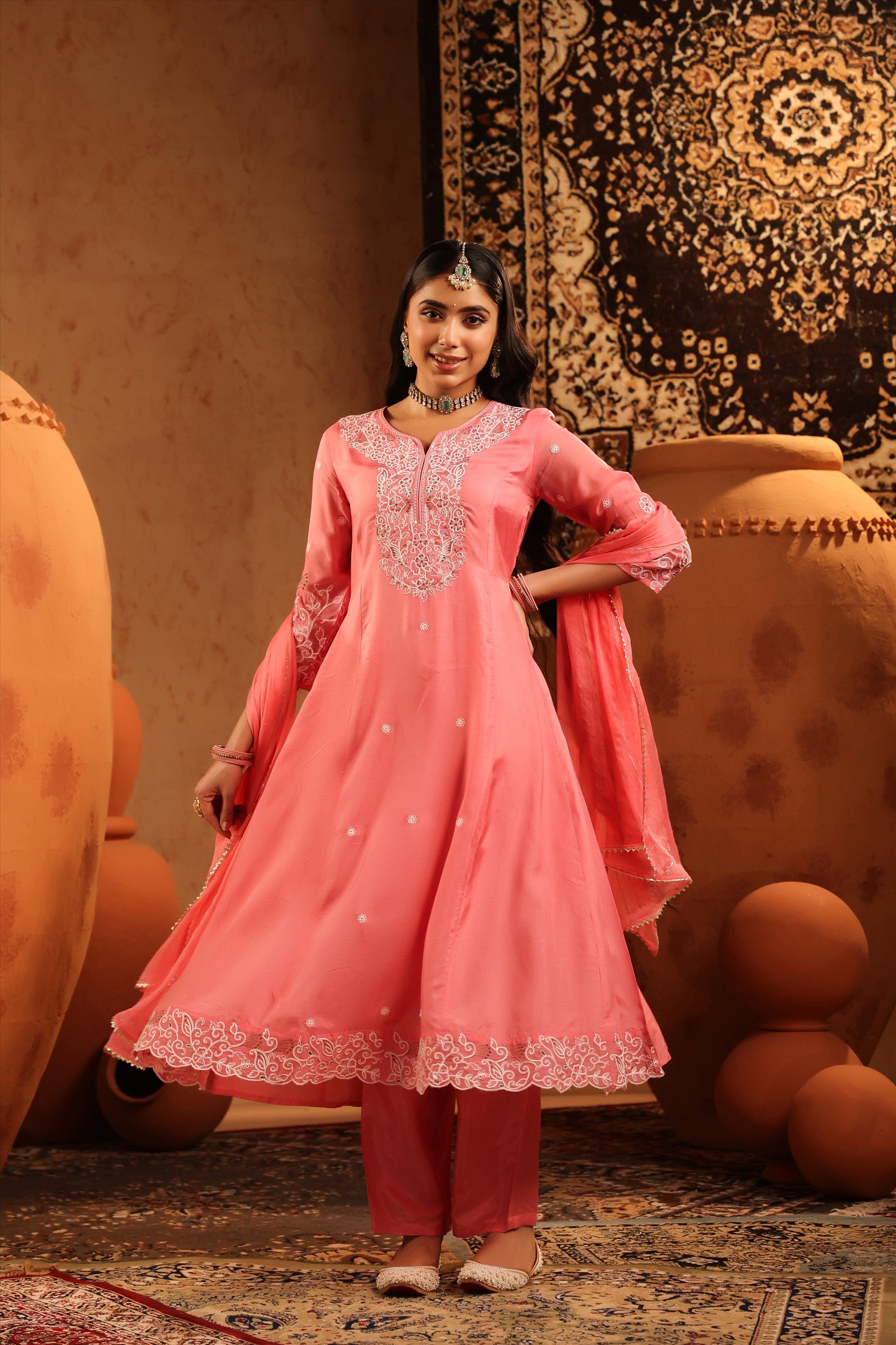 Mauve Silk Thread Work Anarkali Suit Set