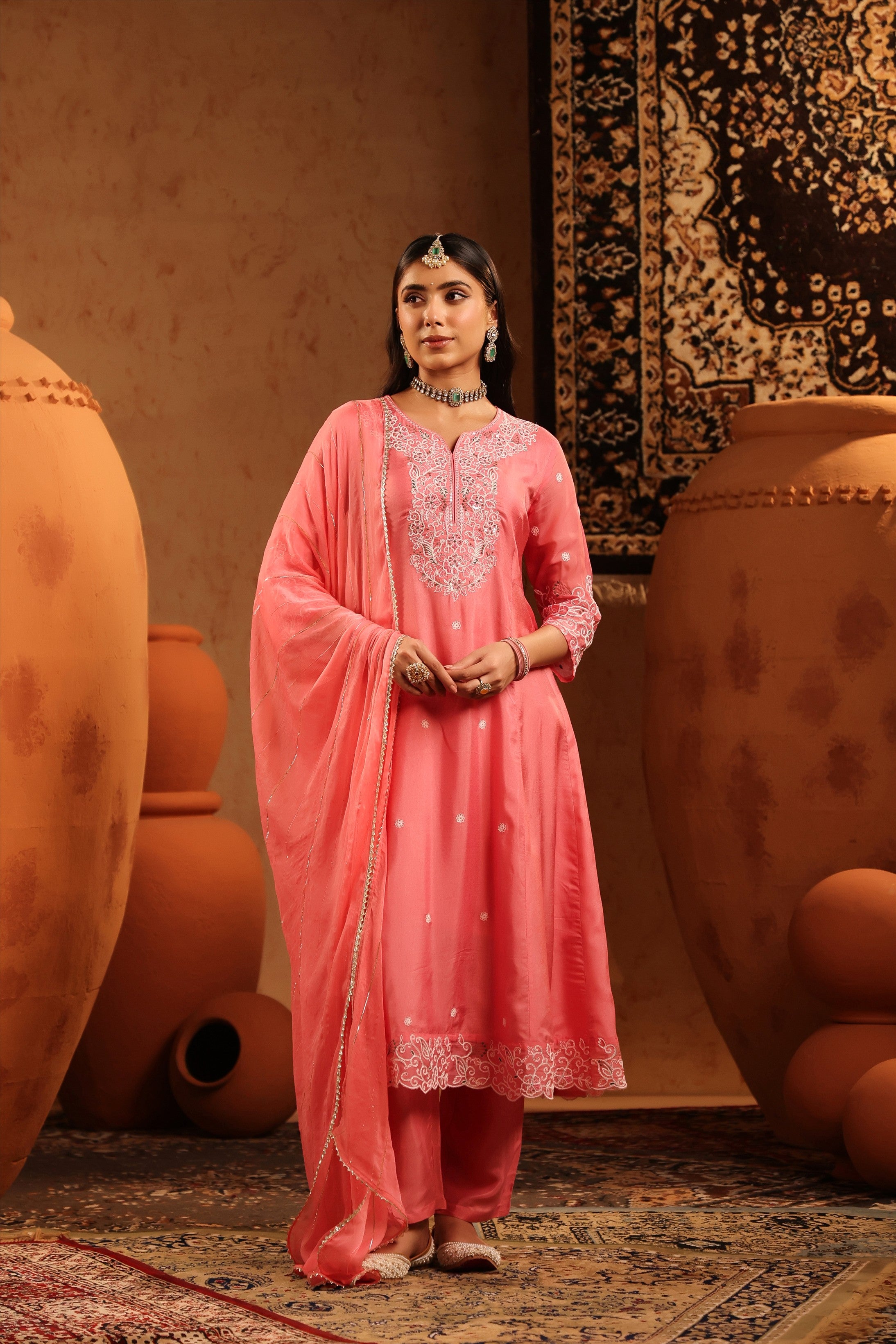 Mauve Silk Thread Work Anarkali Suit Set