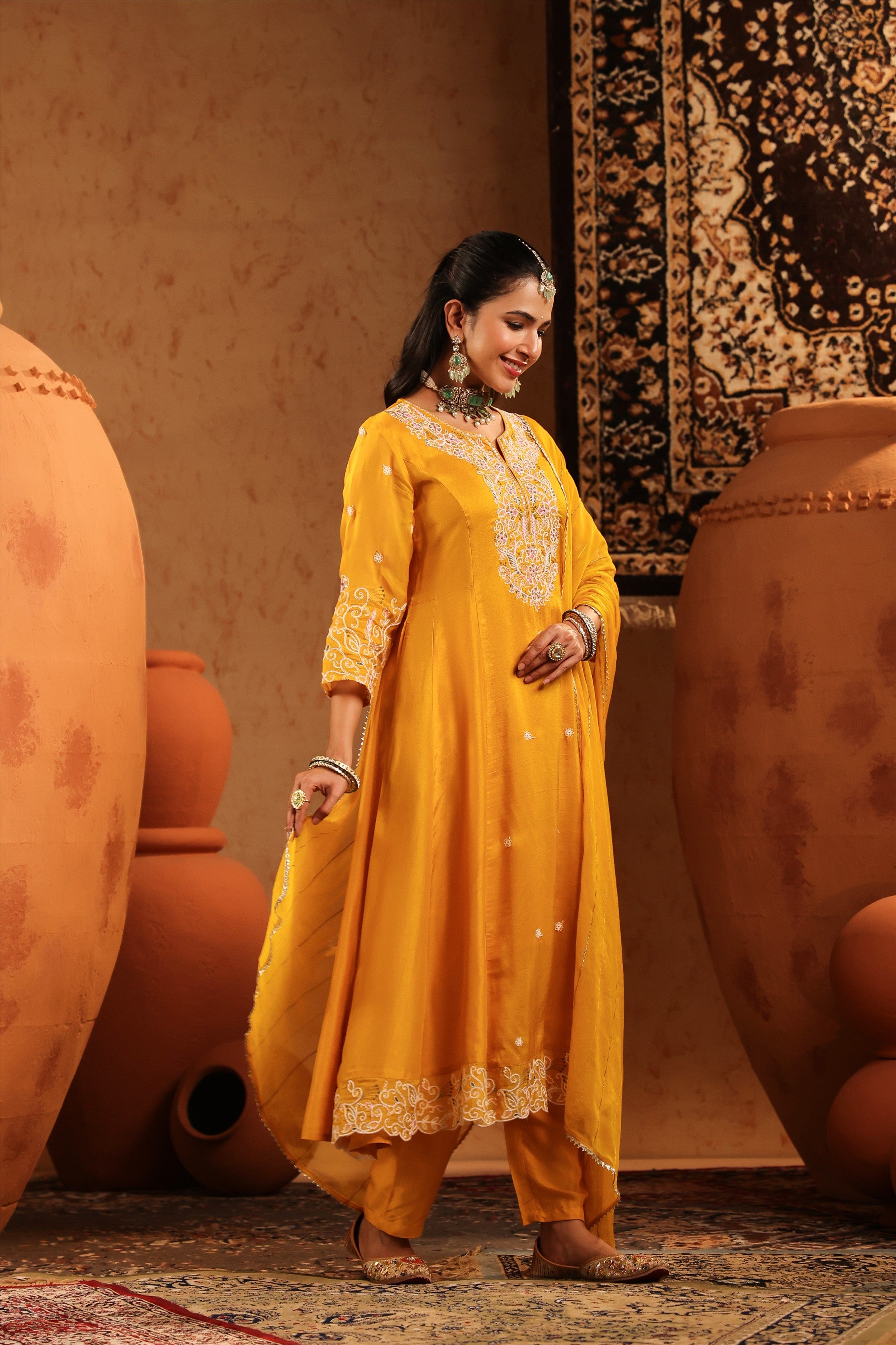 Mustard Silk Thread Work Anarkali Suit Set