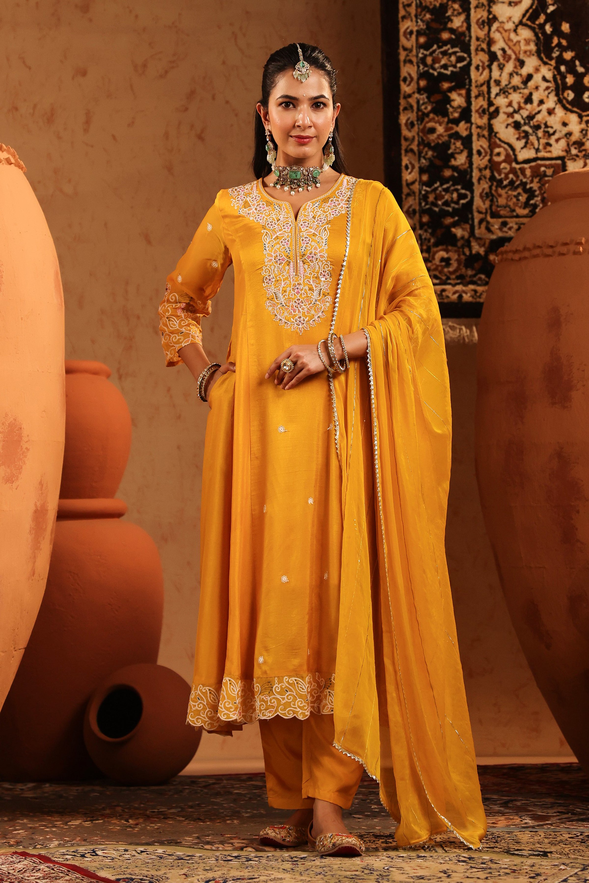 Mustard Silk Thread Work Anarkali Suit Set