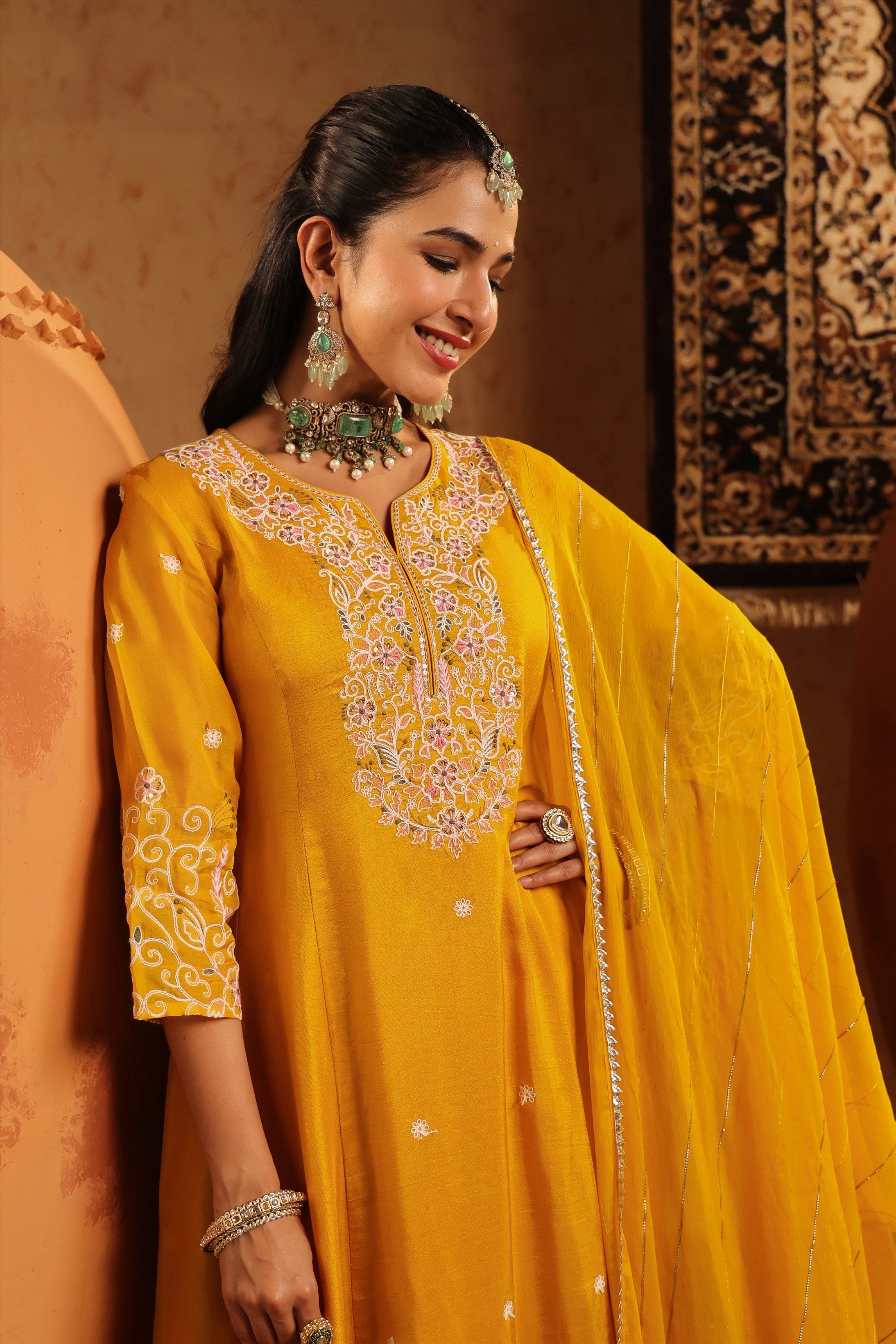 Mustard Silk Thread Work Anarkali Suit Set