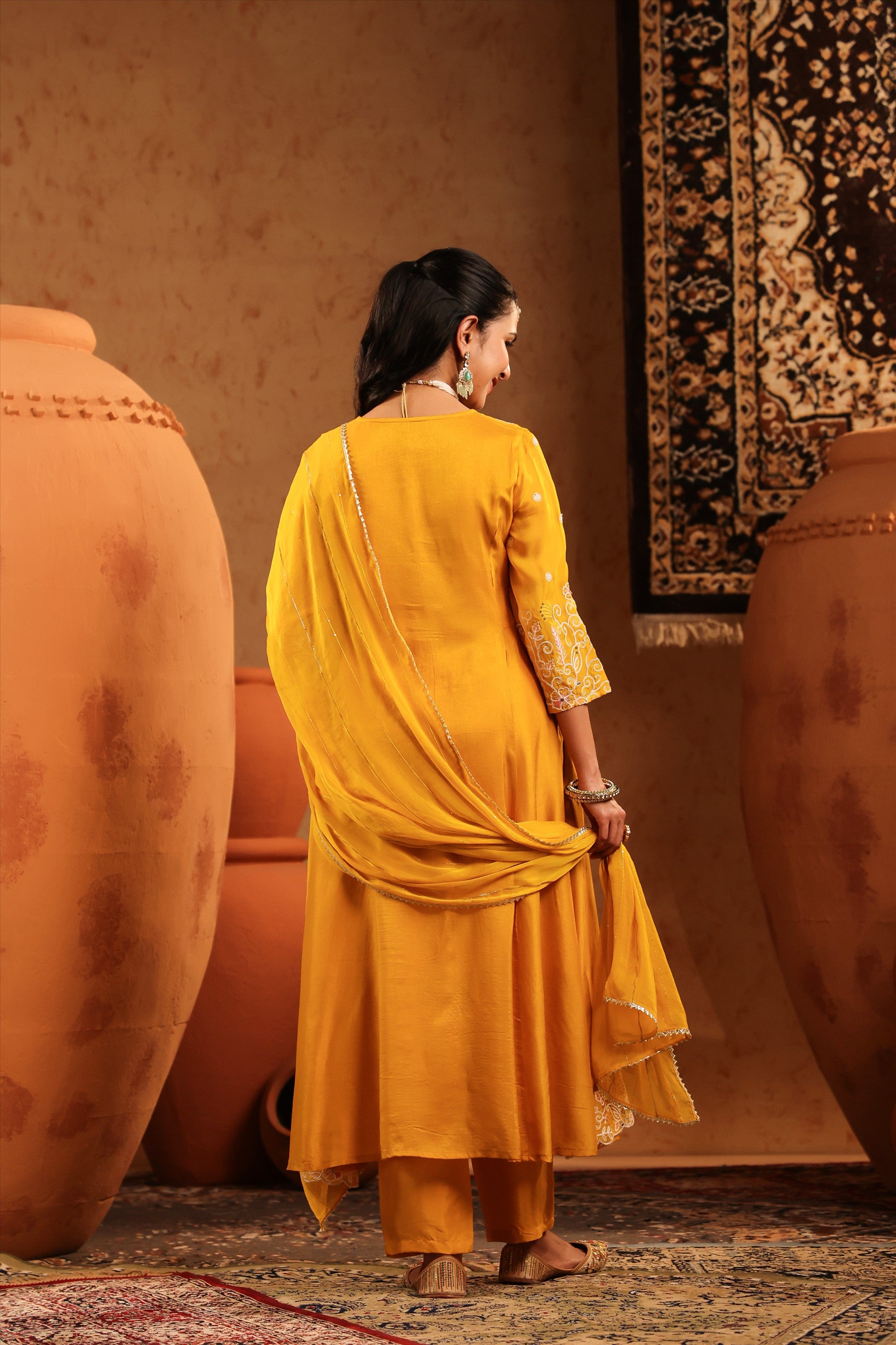 Mustard Silk Thread Work Anarkali Suit Set