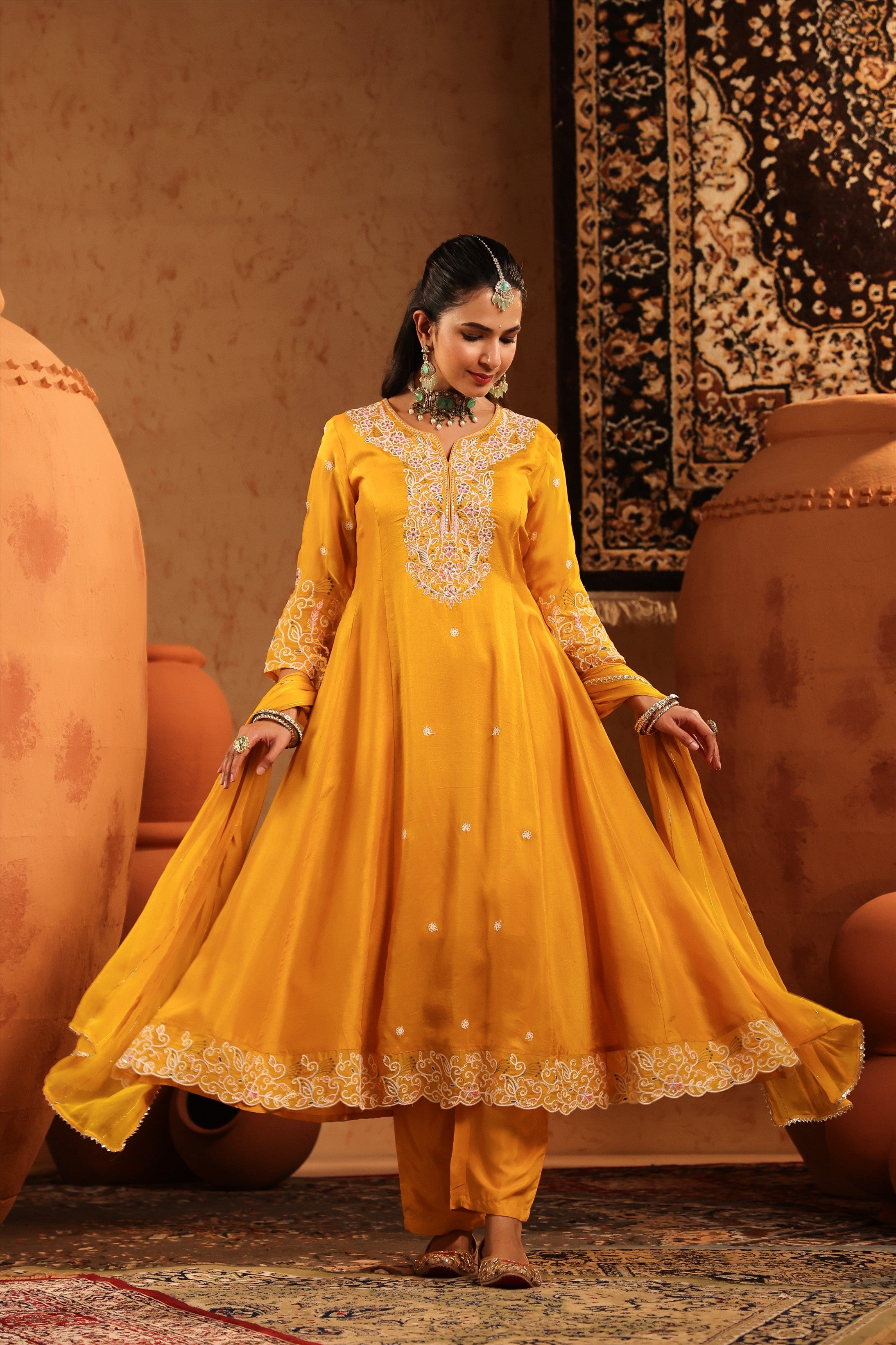 Mustard Silk Thread Work Anarkali Suit Set