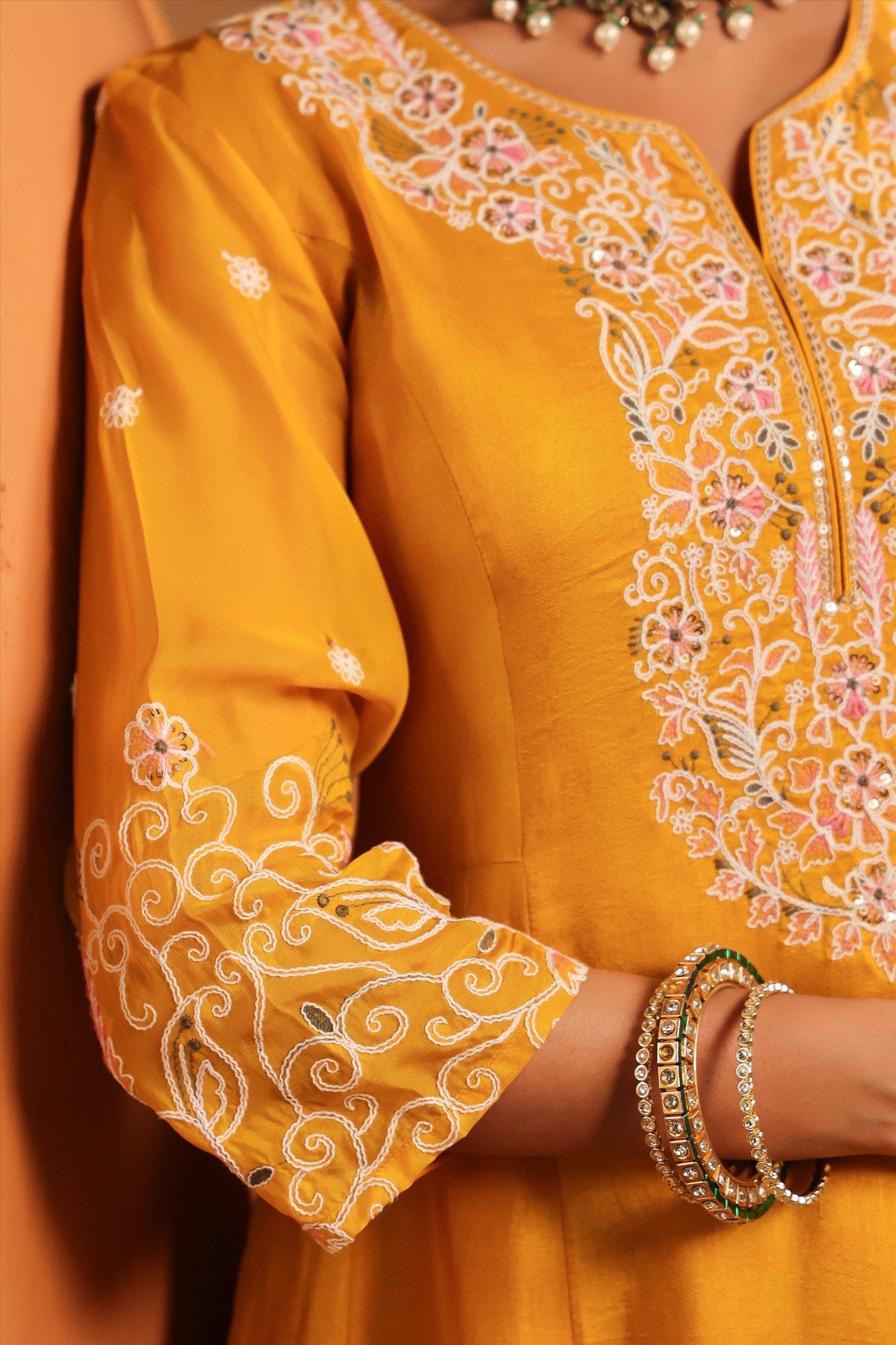 Mustard Silk Thread Work Anarkali Suit Set