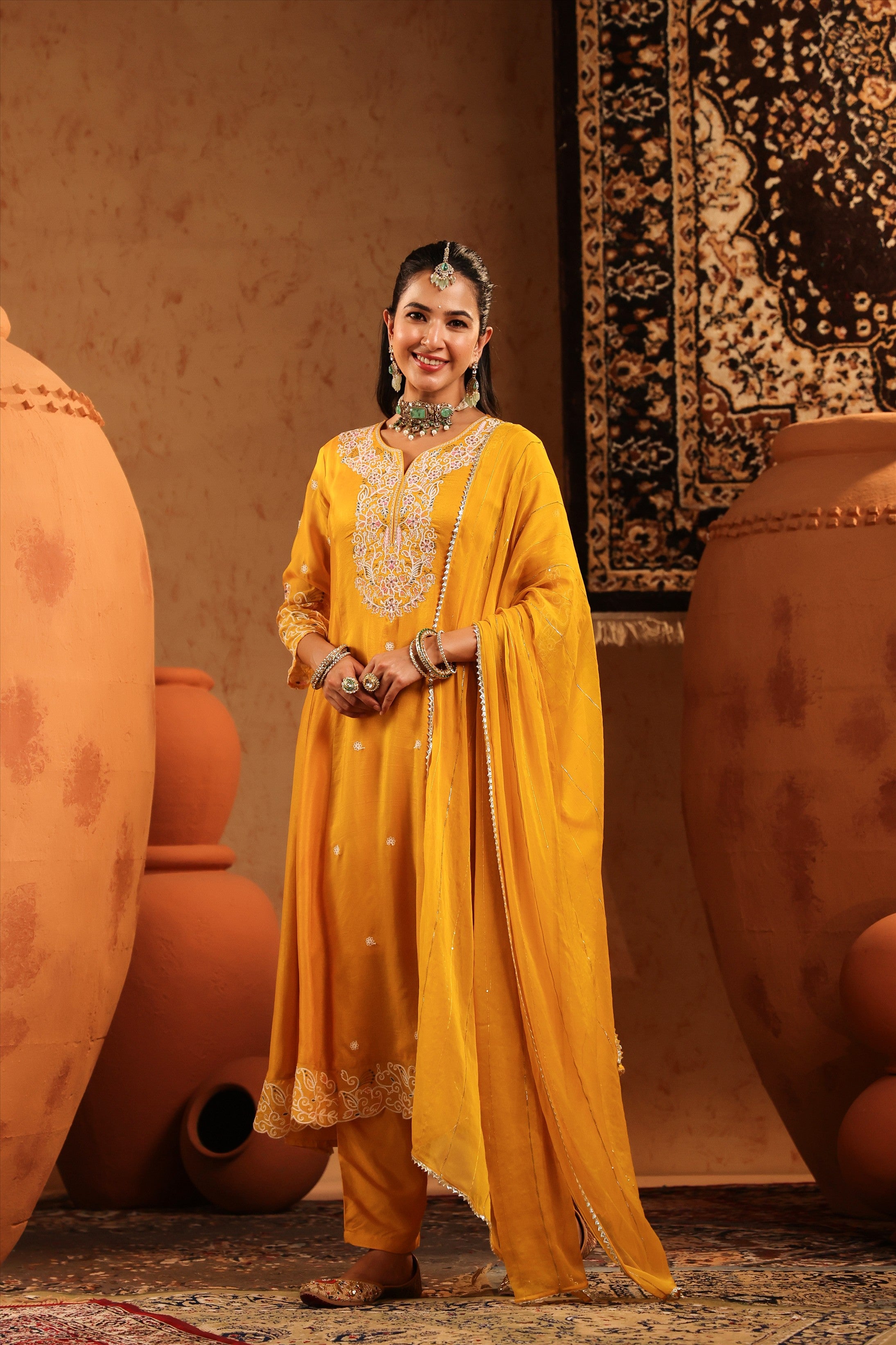 Mustard Silk Thread Work Anarkali Suit Set
