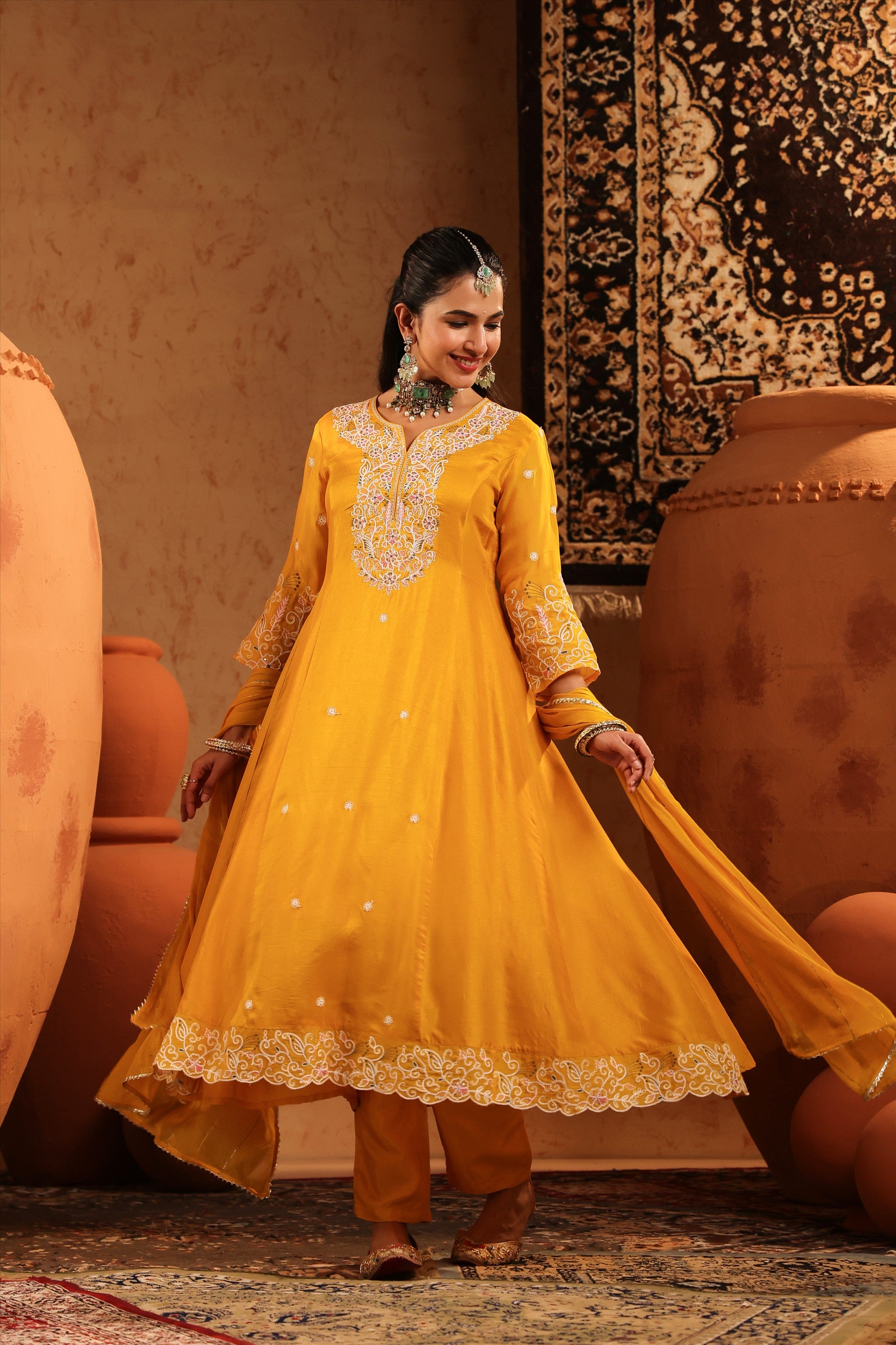 Mustard Silk Thread Work Anarkali Suit Set