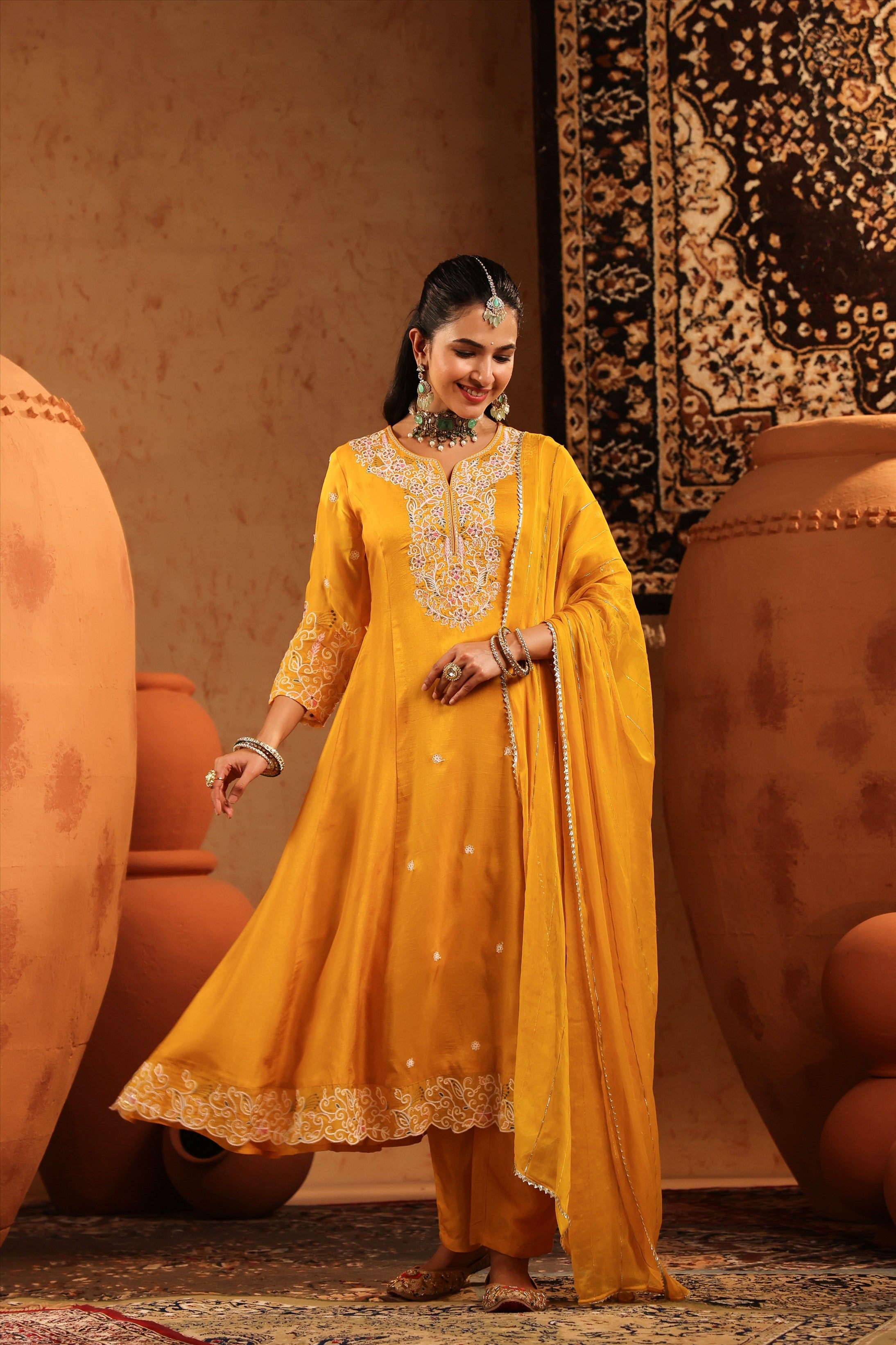 Mustard Silk Thread Work Anarkali Suit Set