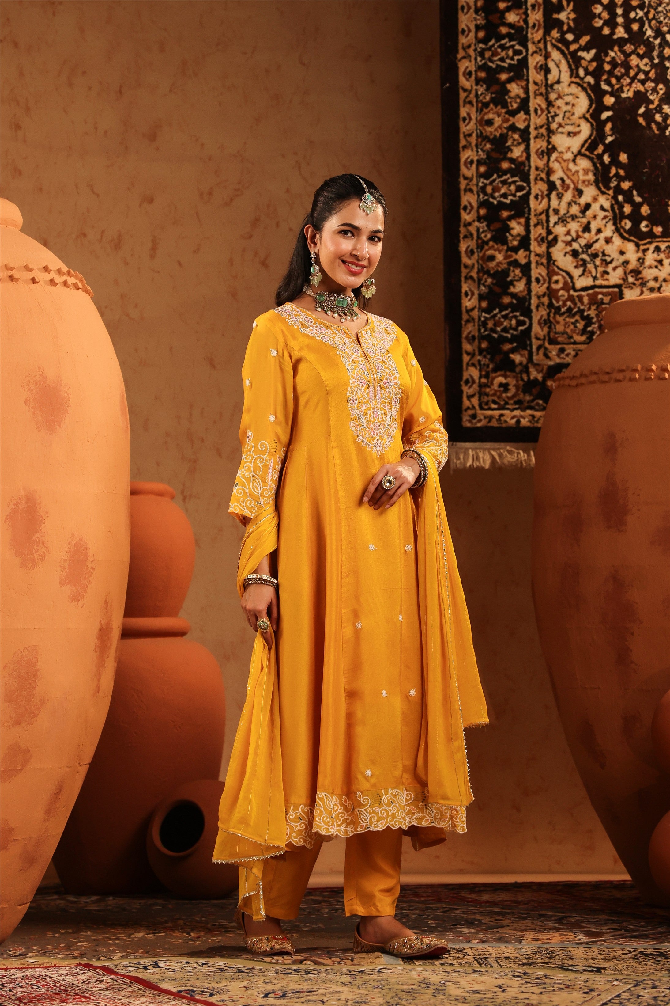 Mustard Silk Thread Work Anarkali Suit Set