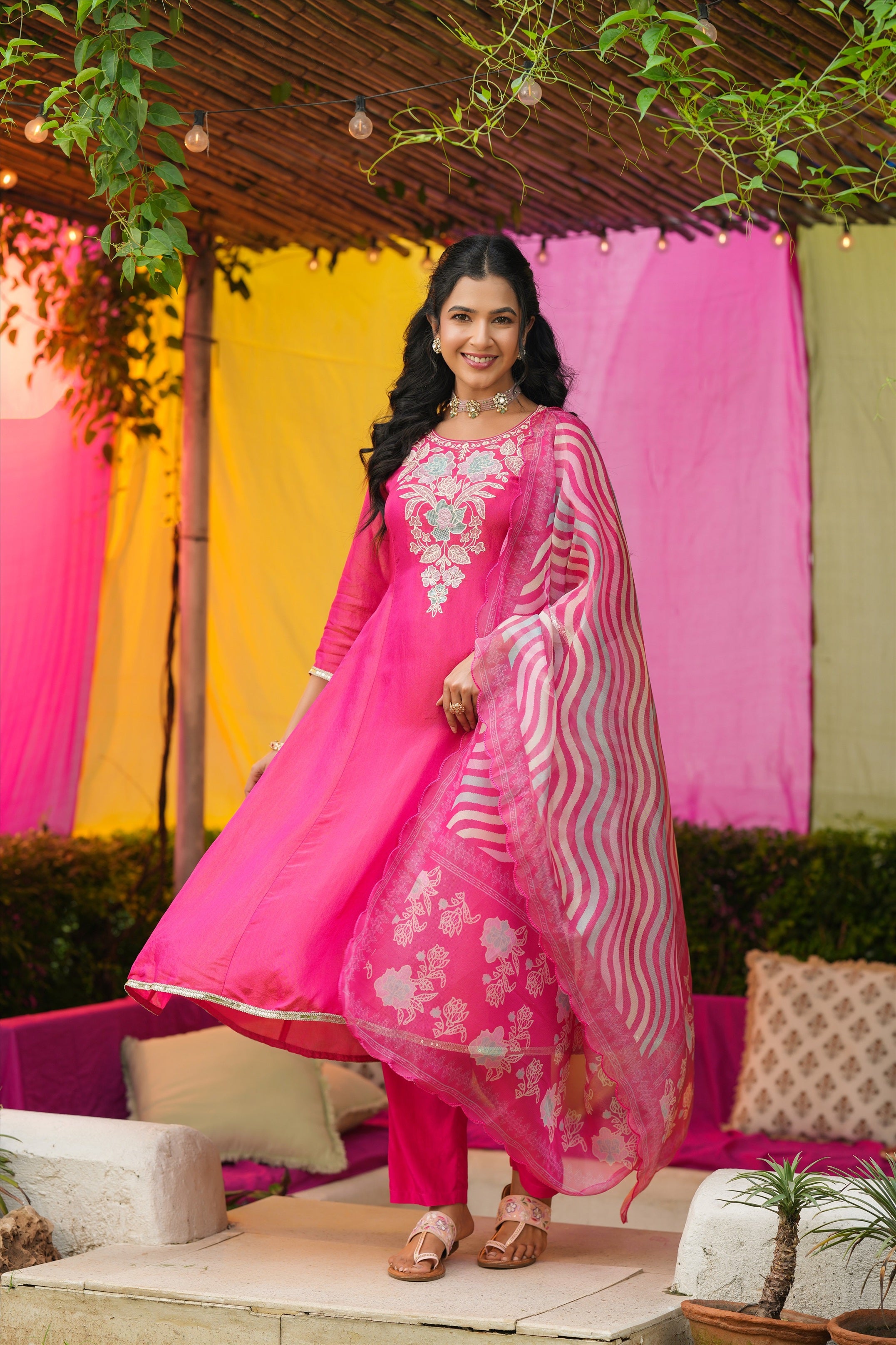 Hot Pink Shimmer Tissue Floral Embroidered Anarkali Suit Set