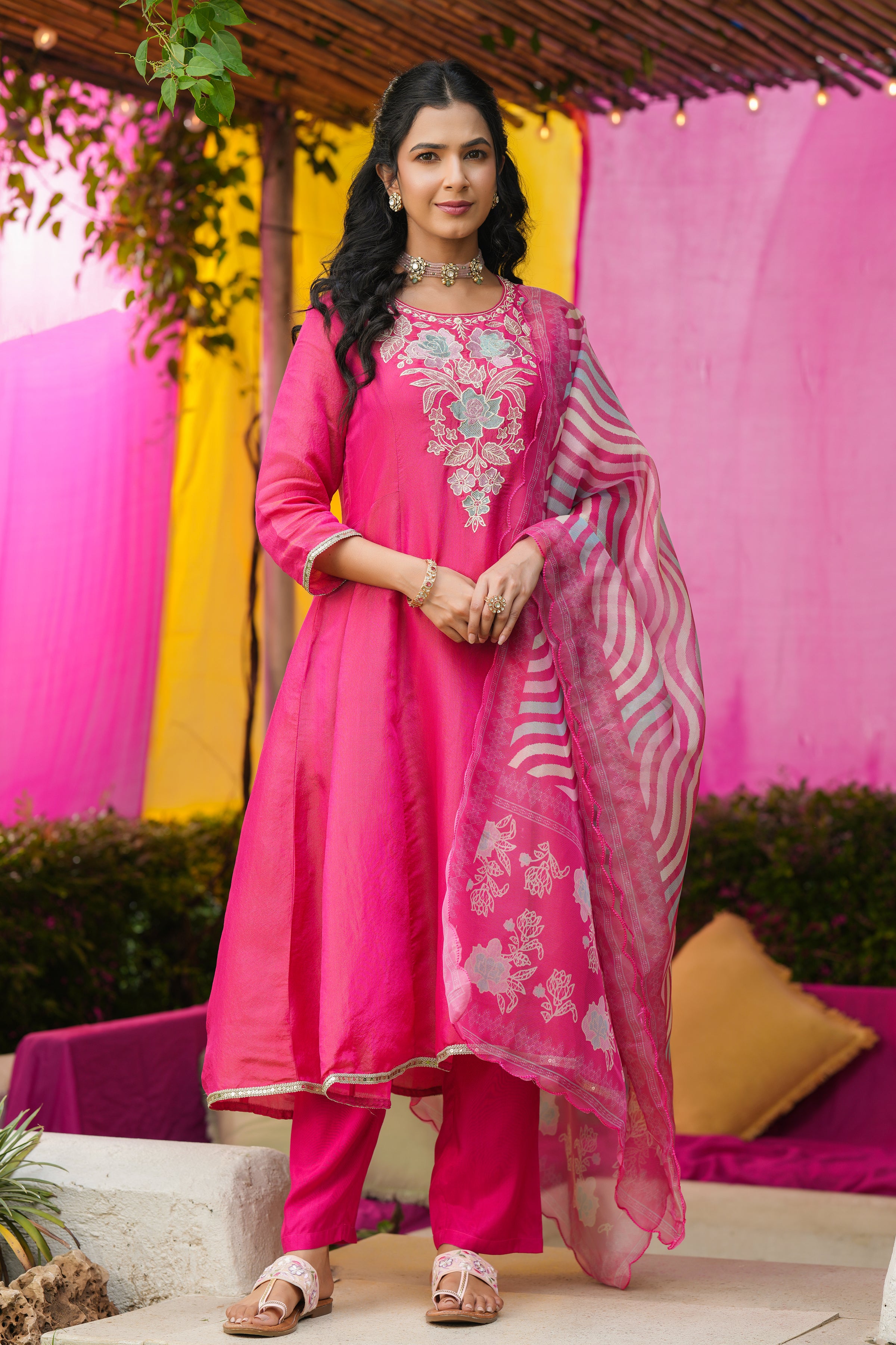 Hot Pink Shimmer Tissue Floral Embroidered Anarkali Suit Set