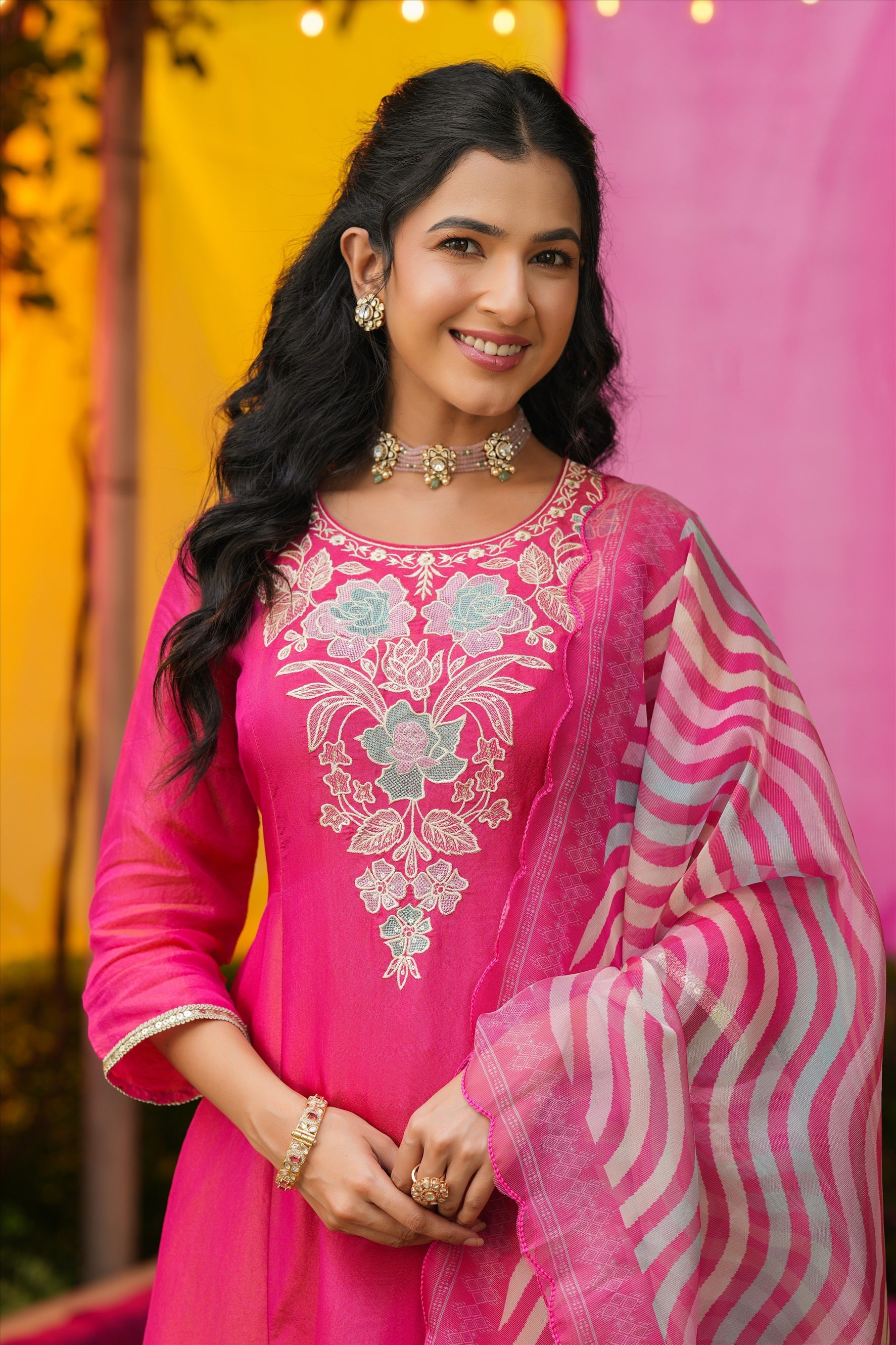 Hot Pink Shimmer Tissue Floral Embroidered Anarkali Suit Set